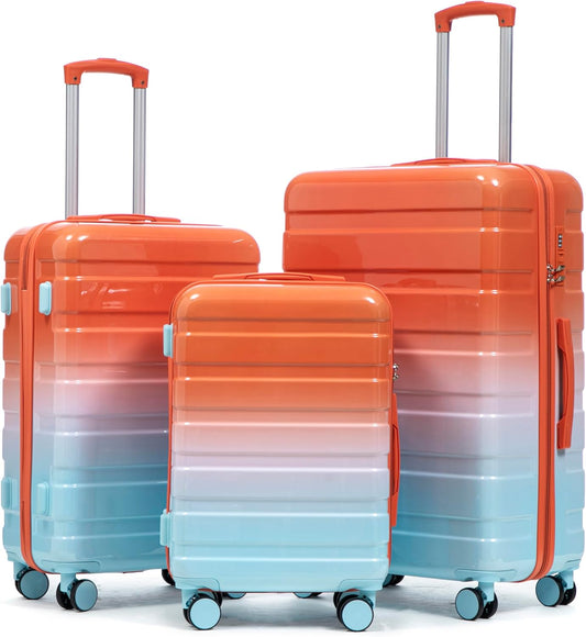 Campfun 3 Piece Luggage Sets, PC Gradient Color Suitcase Set with Double Spinner Wheels Hang Hook, Durable Carry On Luggage with Combination Lock, 20/24/28 inch, Red+Blue