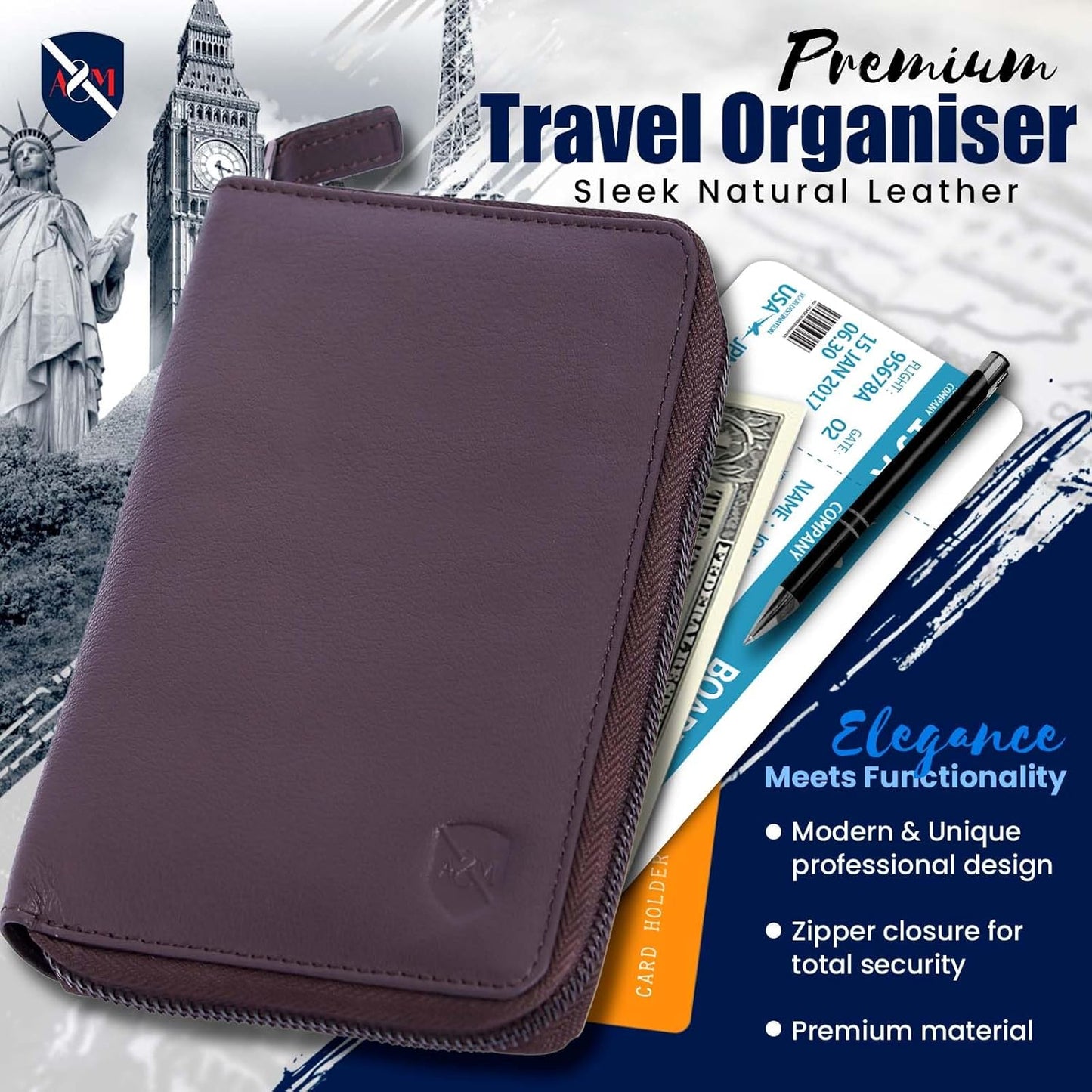 ALLEN & MATE Passport Holder Travel Wallet, 100% Leather RFID Blocking Travel Document Organiser for Men & Women