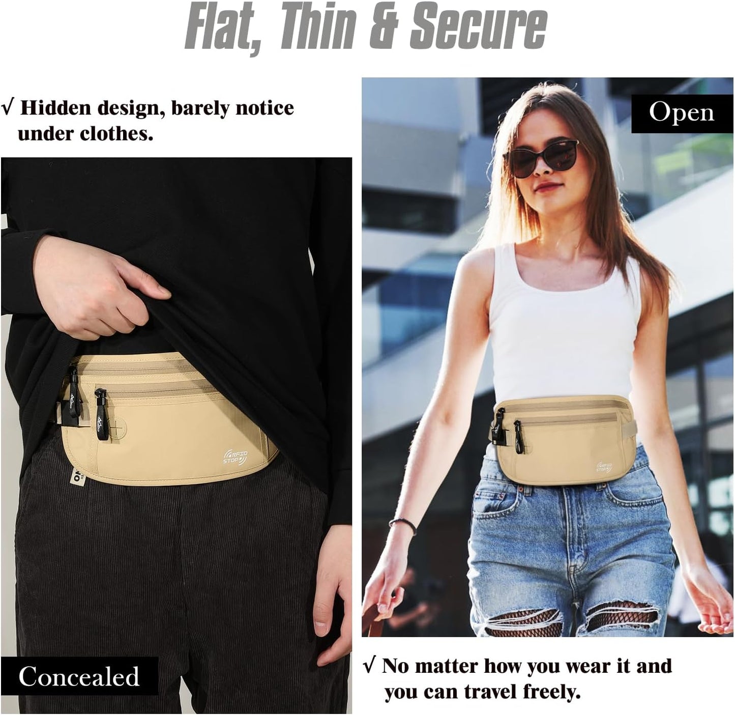 MoKo Secure Travel Money Belt, Undercover Hidden RFID Blocking Travel Wallet, Anti-Theft Passport Wallets for Men Women