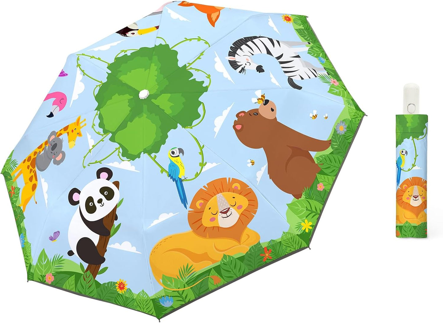 Autoamtic Kids Umbrella UV Resistant, Folding Compact Umbrella 360° Reflective Strip for Travel Outdoor, Lightweight Cute Kids Parasol Anti-rebound Safe for Toddler
