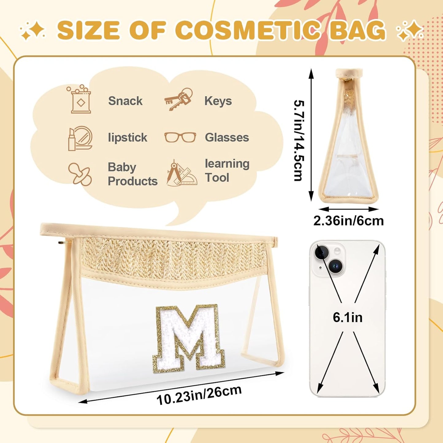 Personalized Initial Letter Bag Boho Straw Clear Makeup Bag,Small Cute Chenille Varsity Letter Bag With Zipper,Beach Travel Toiletry Bag,Portable Monogrammed Cosmetic Bag for Women Girls,M