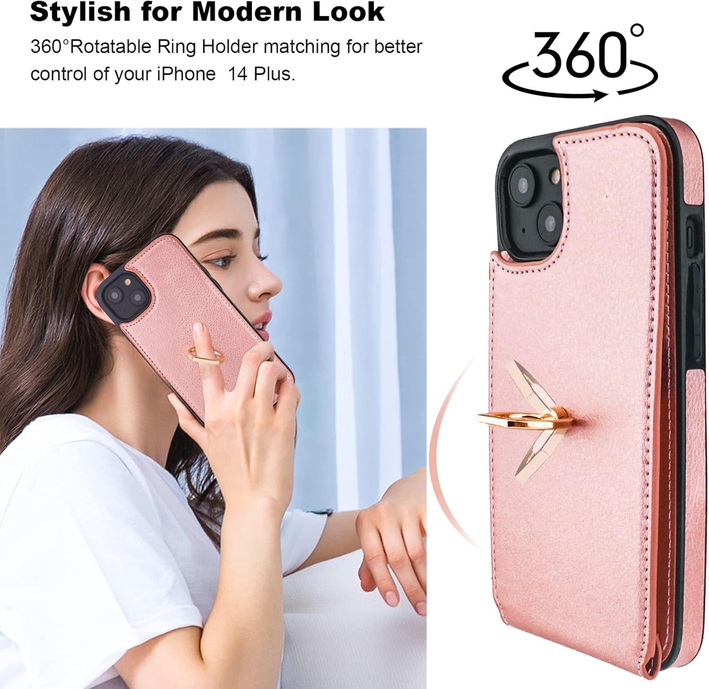 Folosu Compatible with iPhone 14 Plus Case Wallet with Card Holder, 360°Rotation Finger Ring Holder Kickstand, RFID Blocking Leather Protective Double Buttons Shockproof Cover 6.7 Inch Rose Gold