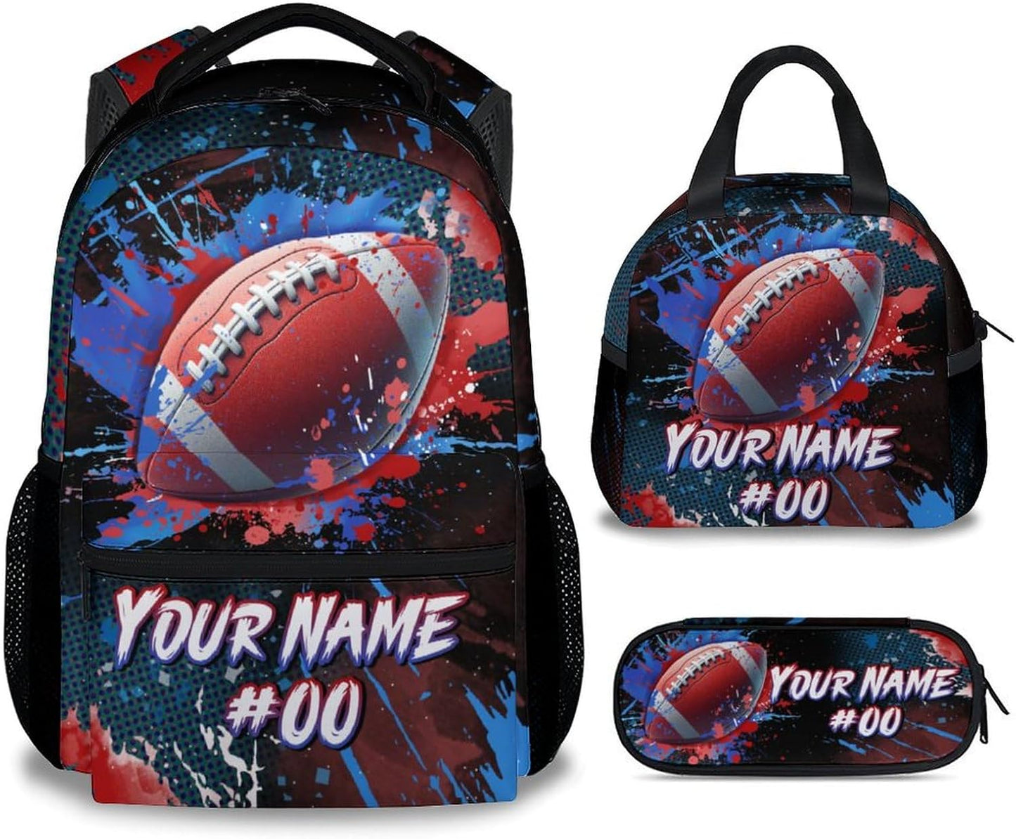 COZYAURA Boy Backpack - Personalized Football Backpacks Set for Kids -Teens Bookbag with Lunch Bag & Pencil Case - Sports Theme School Bags for Elementary Middle School