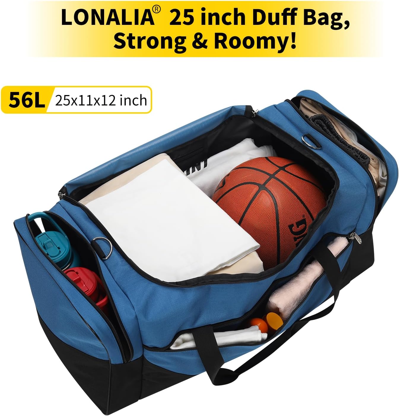 25 in Large Travel Duffel Bag for Men - 56L Roomy Weekender Bag for Gym with Trolley Sleeve (Blue)