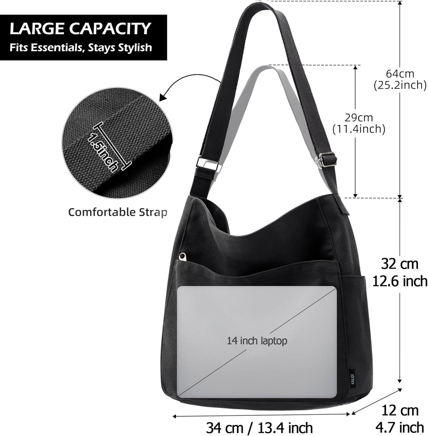 KALIDI Canvas Tote Bag Large Hobo Crossbody Shoulder Handbag Zipper Messenger Bag for Women or Men Casual College Work