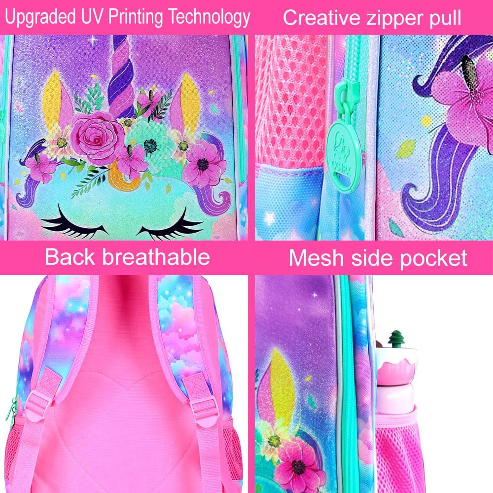 AGSDON 3PCS Backpacks for Girls, 16" Elementary Kids Unicorn Backpack Preschool School Bookbags and Lunch Box