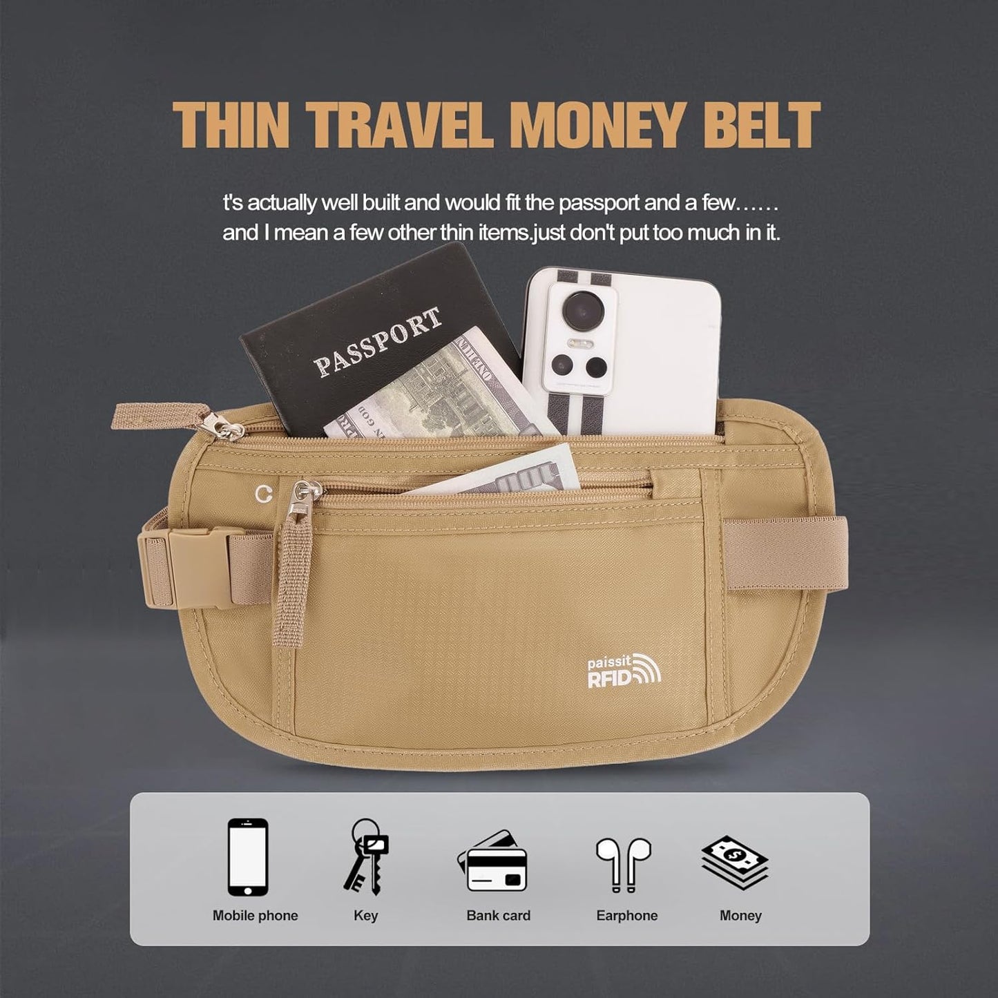 Small Unisex Money Belt For Men and Women, Slim Passport Holder RFID Blocking Travel Essentials Pouch with Adjustable Strap Small Waist Pouch for Workout Running Travelling Hiking(Beige)