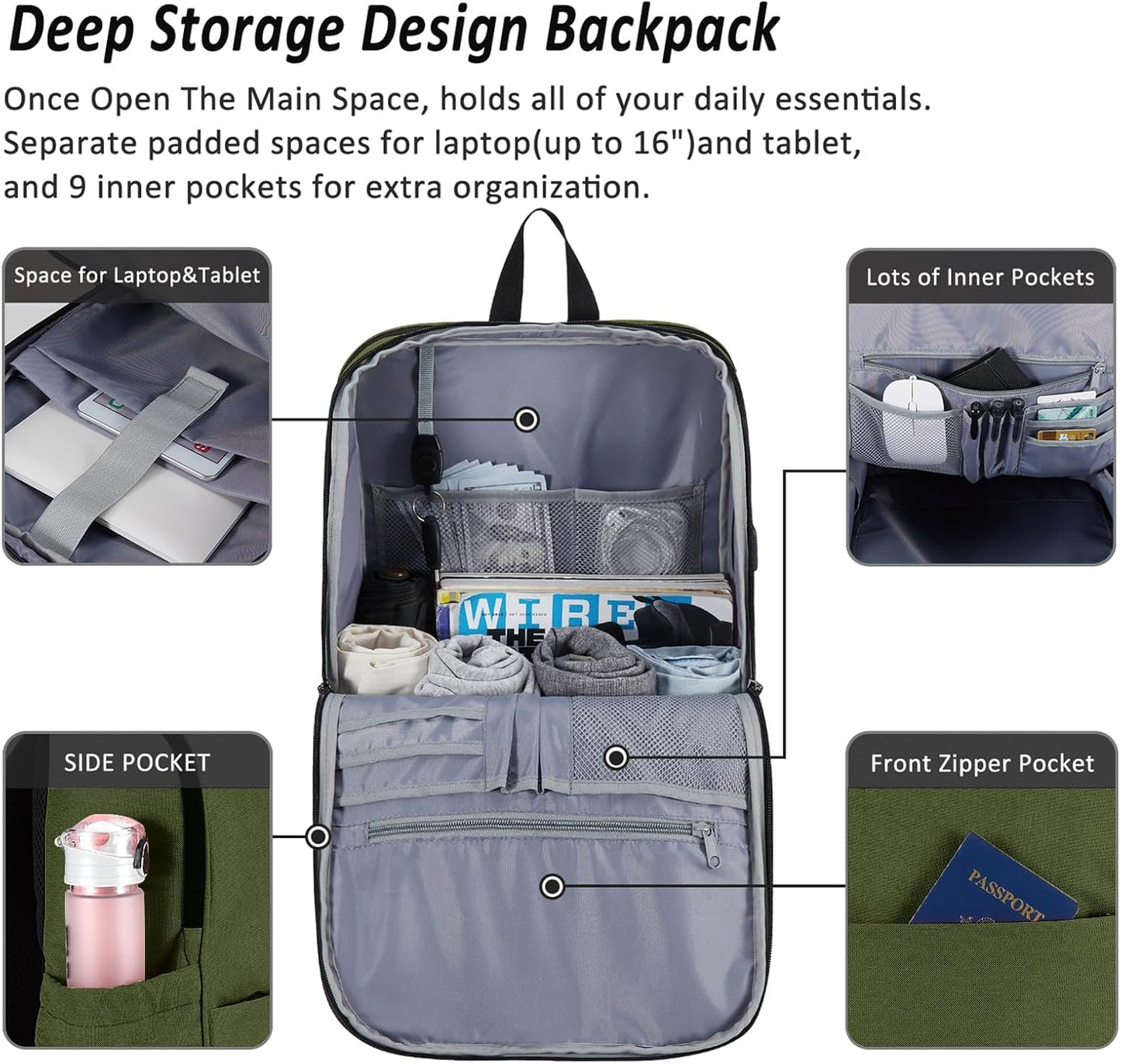 MAXTOP Deep Storage Laptop Backpack with USB Charging Port[Water Resistant] College School Computer Bookbag Fits 17 Inch Laptop