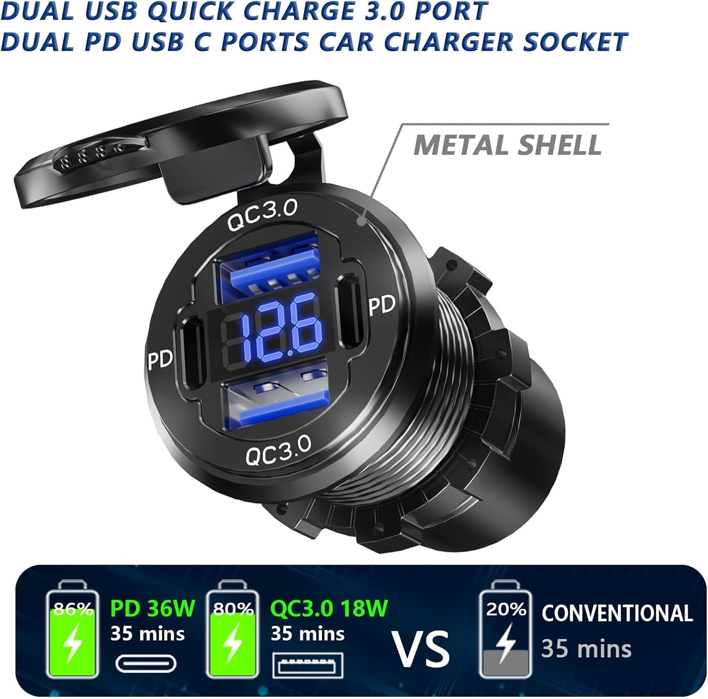 2PCS, Dual PD USB C Ports & Dual Quick Charge 3.0 Ports Car Charger Socket, VANONE Aluminum Alloy Waterproof 12V USB Outlet, Accessories for Car Boat Marine Motorcycle RV ATV Truck Golf Cart