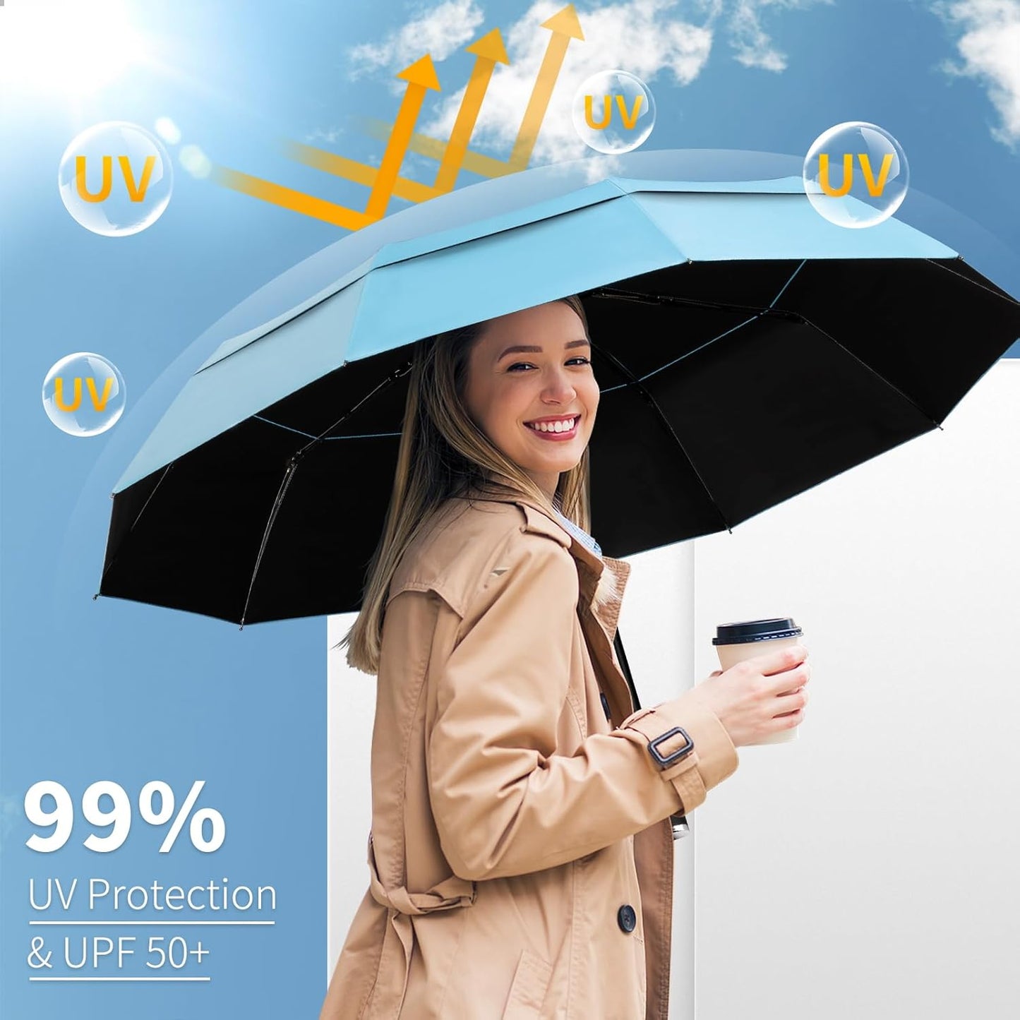 Seniny Travel Umbrella with Carabiner Handle, Windproof Large Umbrellas for Rain with Dual-Rib Structure, Portable Compact Umbrella with Reflective Strip, Car Backpack UV Umbrellas for Sun Protection