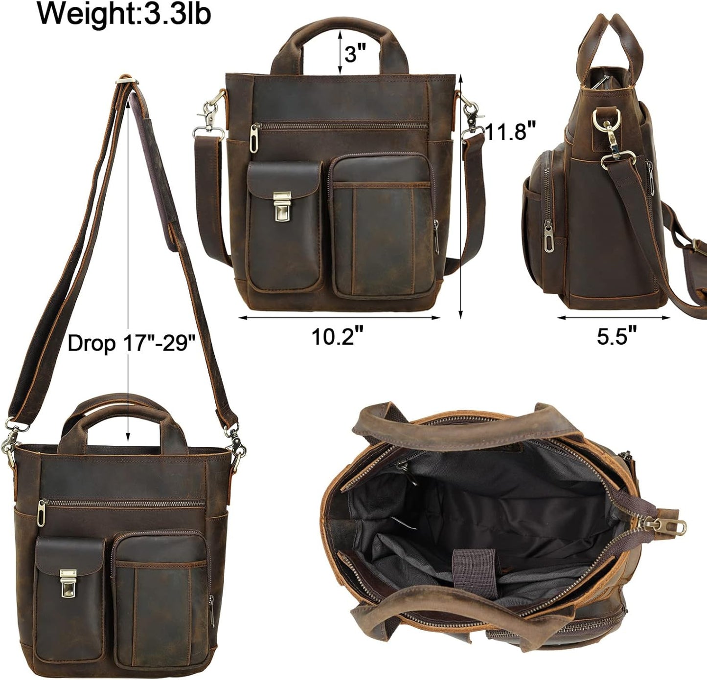 TIDING Full Grain Leather Messenger Shoulder Bag for Men Vintage Crossbody Bag Work Business Travel Handbag fits 11" Tablet