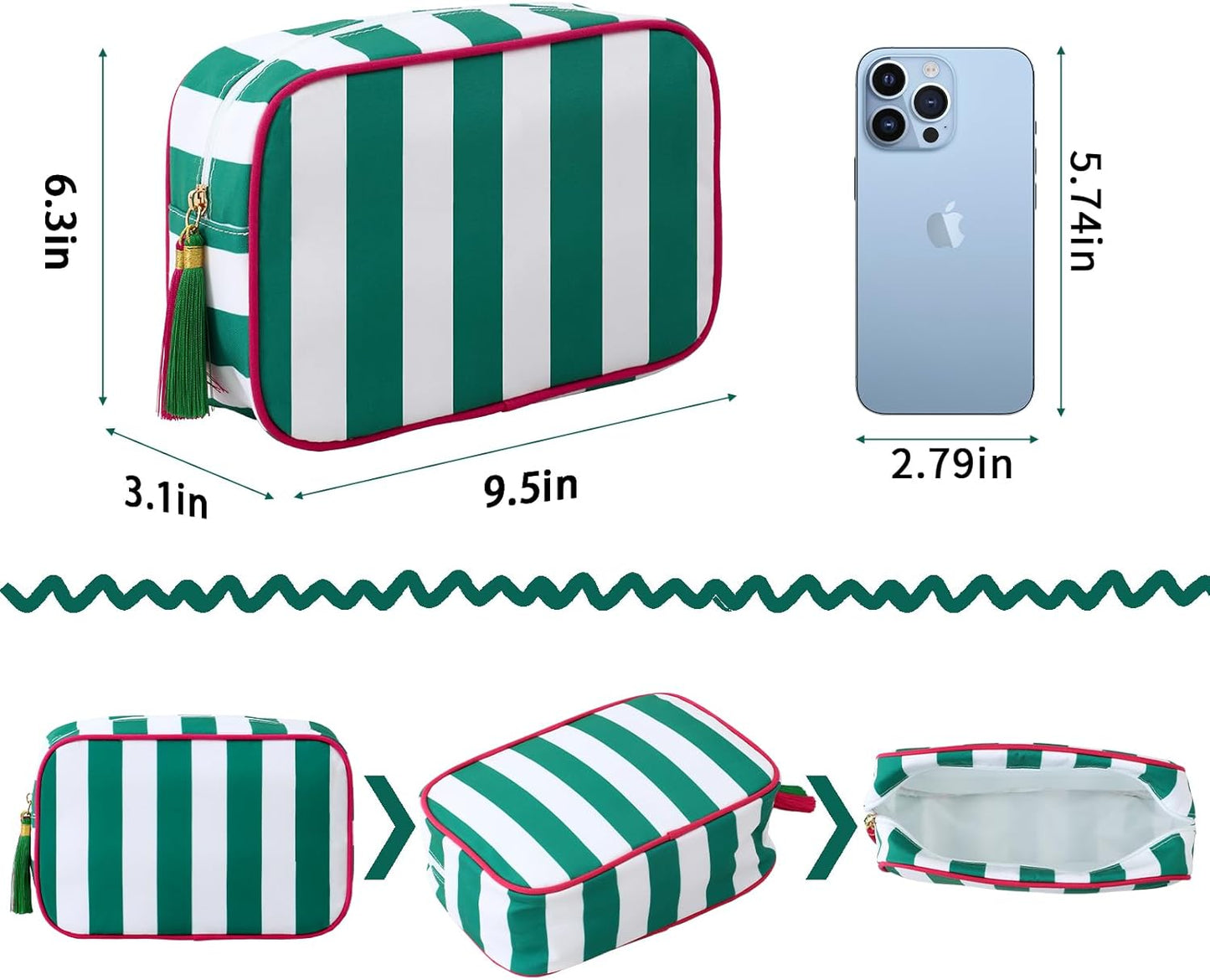 Stripe Makeup Bag Travel Cosmetic Bag Organizer Tassel Toiletry Bag Large Canvas Zipper Pouch and Accessories Storage Bag for Women