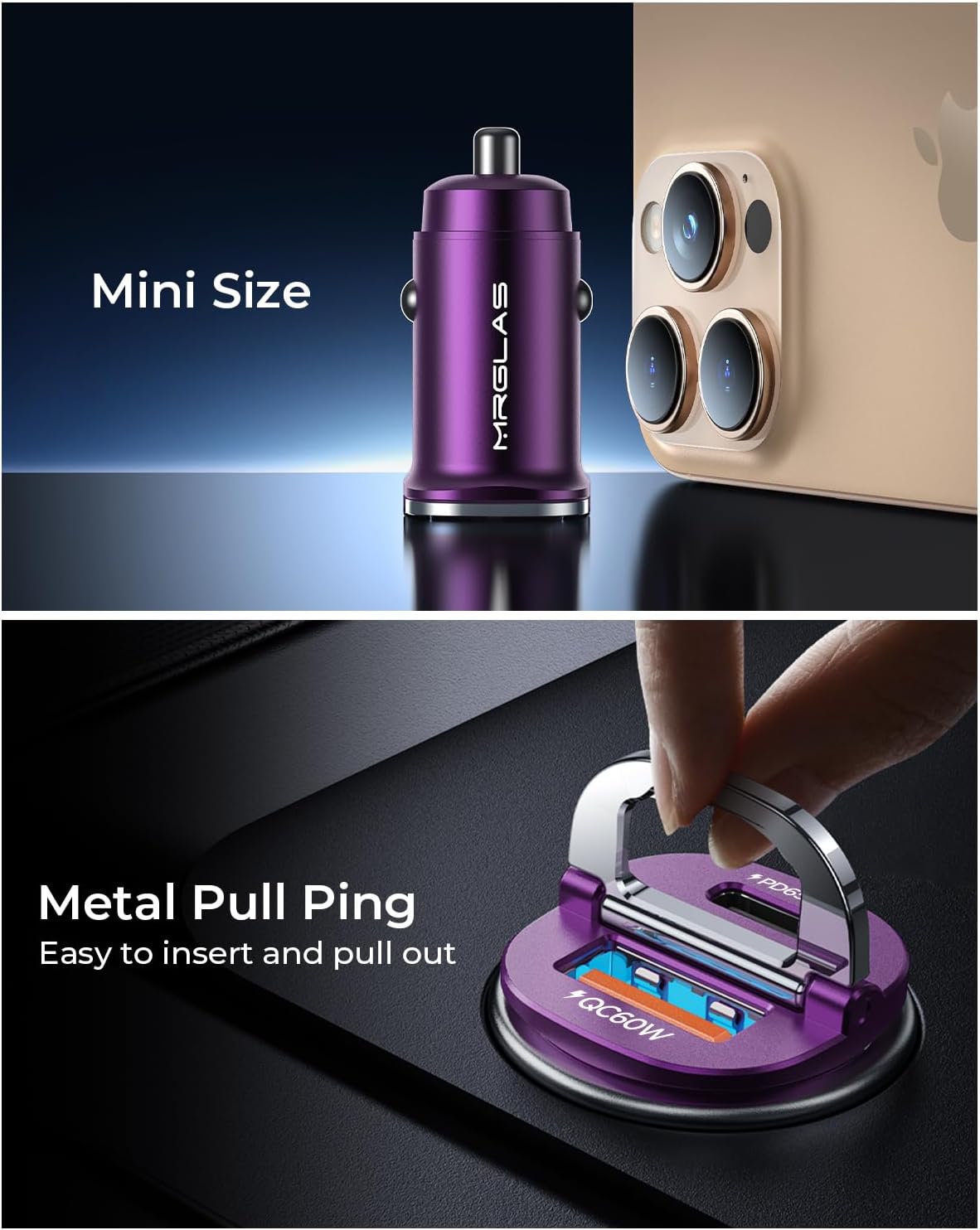 【Upgraded】 125W USB C Car Charger Super Fast Charging for iPhone 16, [PD65W & QC60W][All Metal] MRGLAS Cigarette Lighter Car Charger,Dual Port for iPhone 16 15 Pro iPad Samsung S25/S24 MacBook-Purple