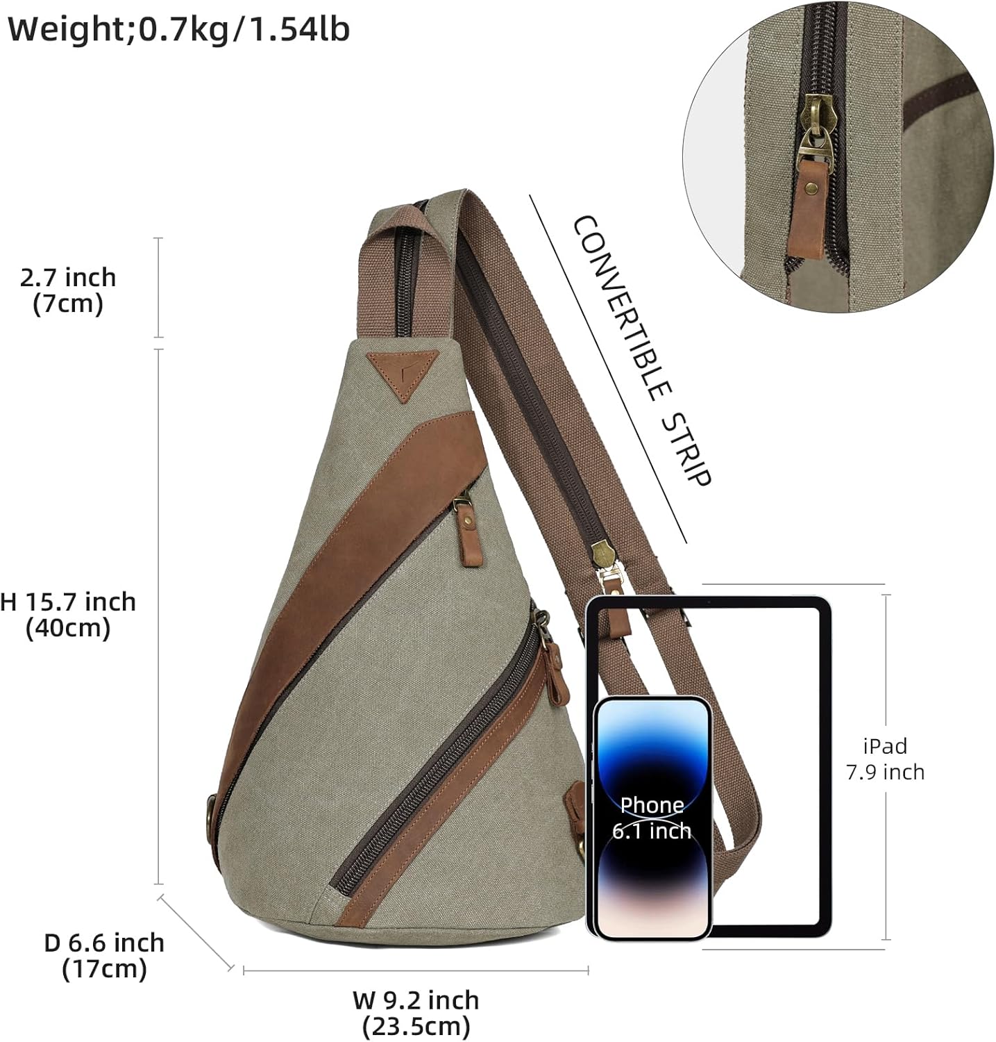 KL928 Canvas Sling Bag for Men Women, Genuine Leather Design Shoulder Crossbody Bags Backpacks Travel Daypack with Earphone Hole Rucksack, Olive Green