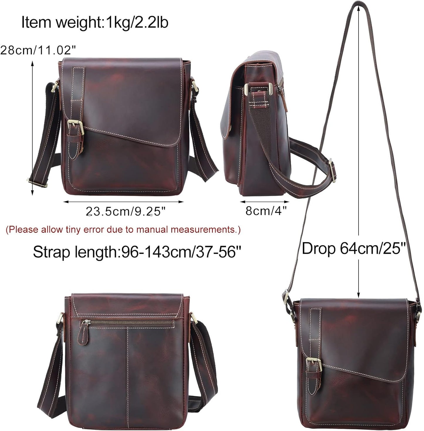 Masa Kawa Leather Messenger Bag Small Crossbody Shoulder Bag for Men Women Flap Over Man Purse Fits