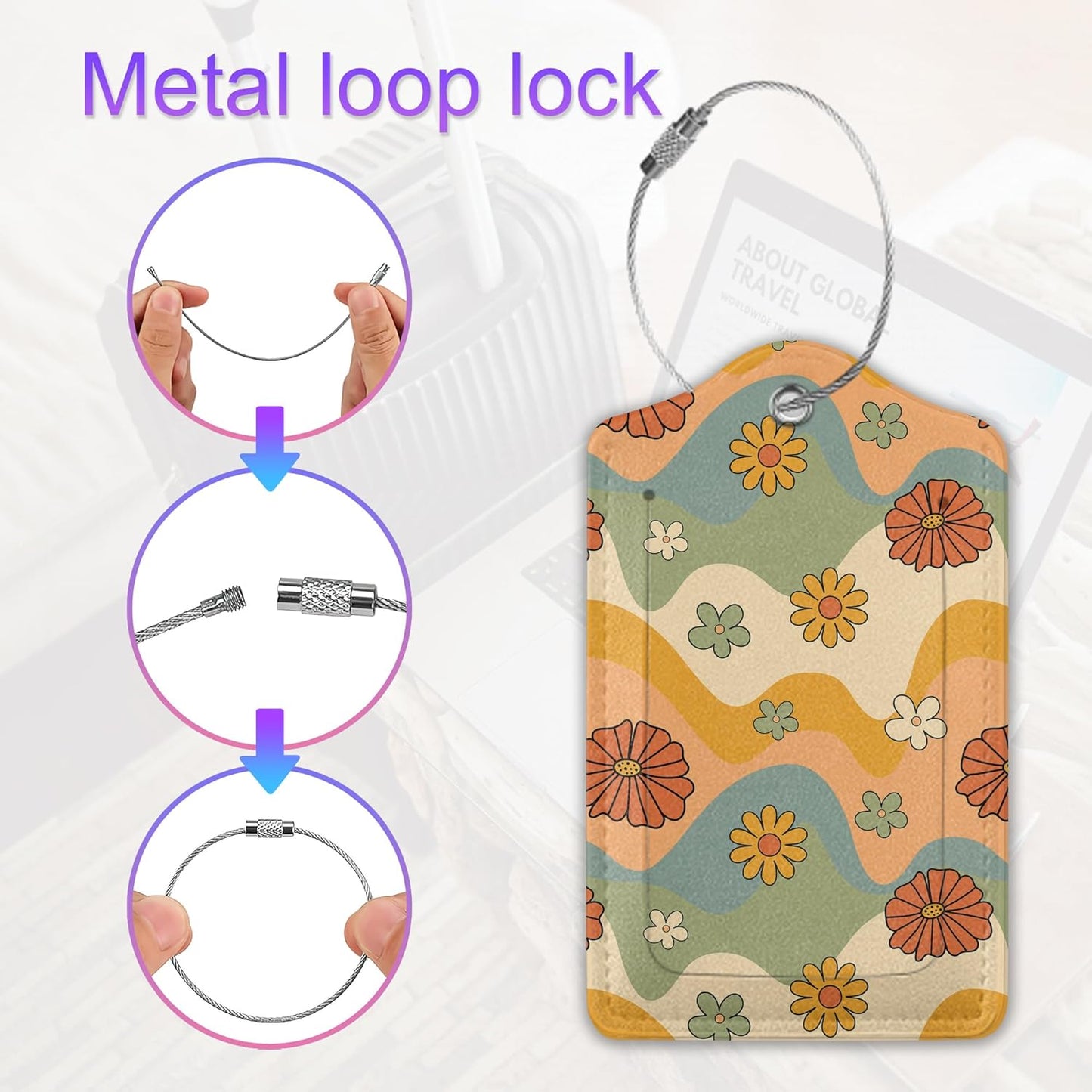 2 Pack Leather Luggage Tag for Suitcase Groovy Hippie Flower Retro Boho Dasiy Unique Travel Tags with Privacy Cover ID Label & Stainless Steel Loop for Men and Women Baggage