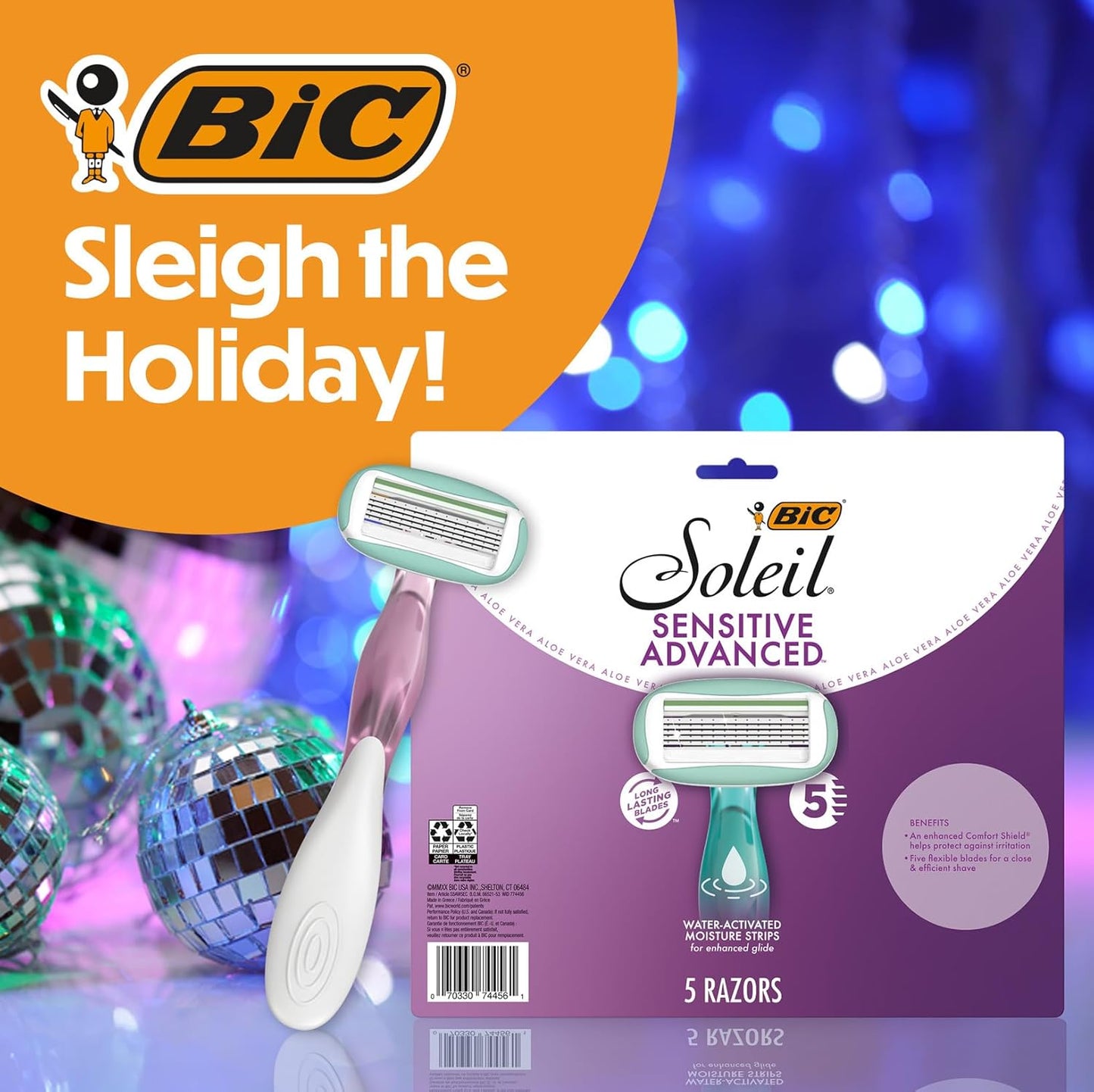 BIC Soleil 5 Sensitive Women's Disposable with 5 Blade Razors, Moisture Strip and Pivoting Head, 5-Pack, Razor Gift Set