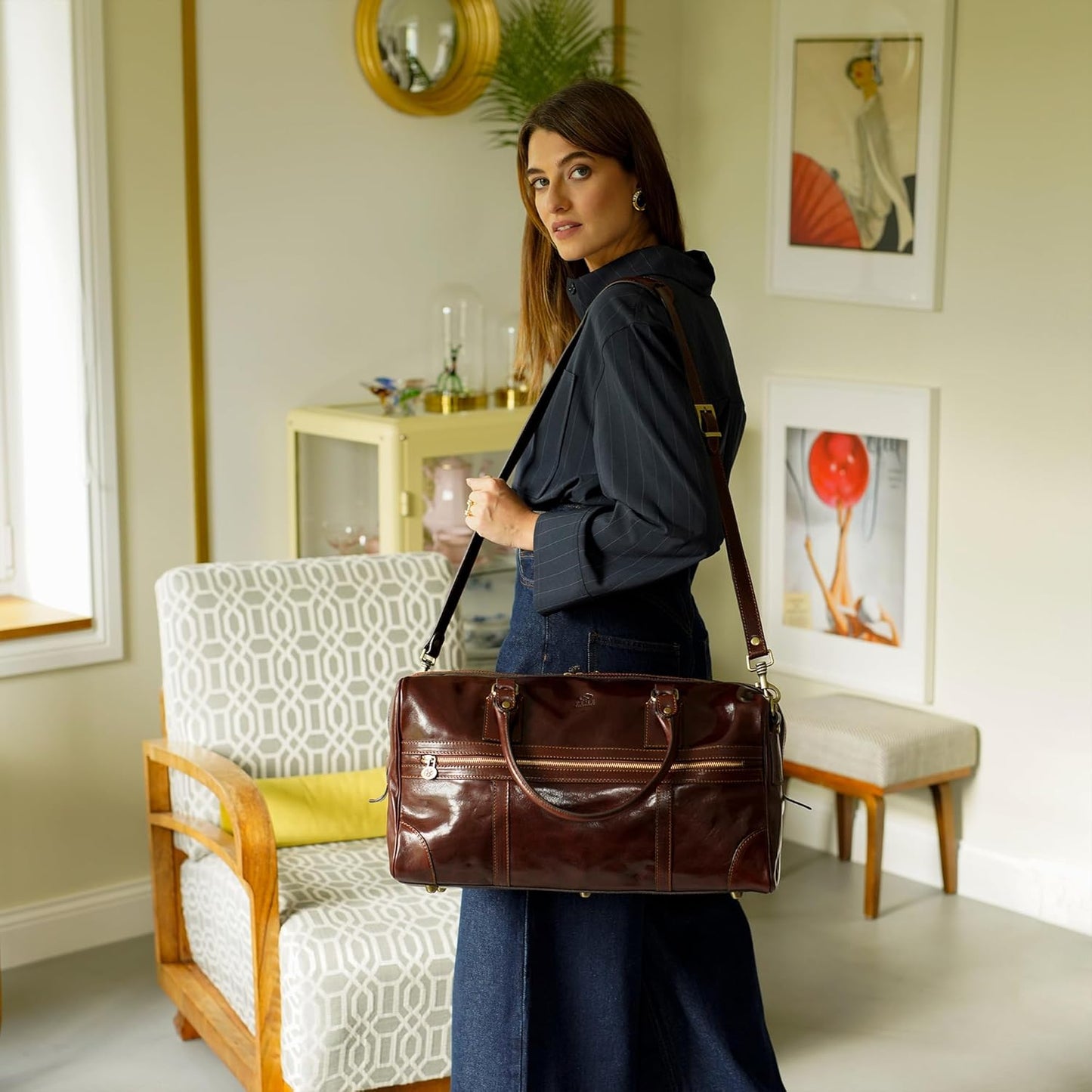 Time Resistance Leather Travel Bag - Duffel Weekender Bag (Brown)