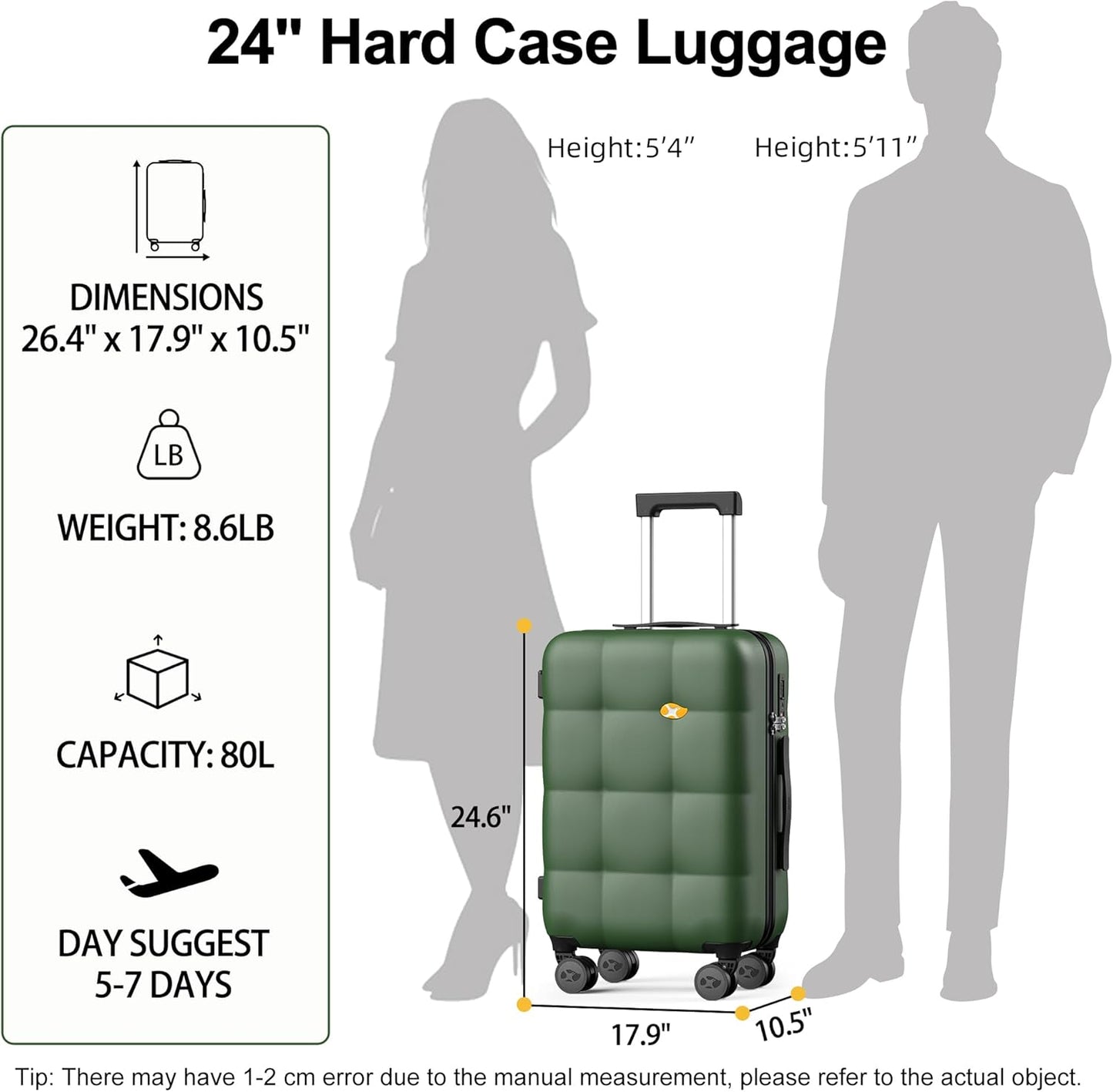 MGB 24 Inch Luggage Suitcases With Spinner Wheels Lightweight PC Hard Shell Rolling Suitcase with Travel Lock for Travel Woman Men, Checked-Medium 24-Inch, Dark Green