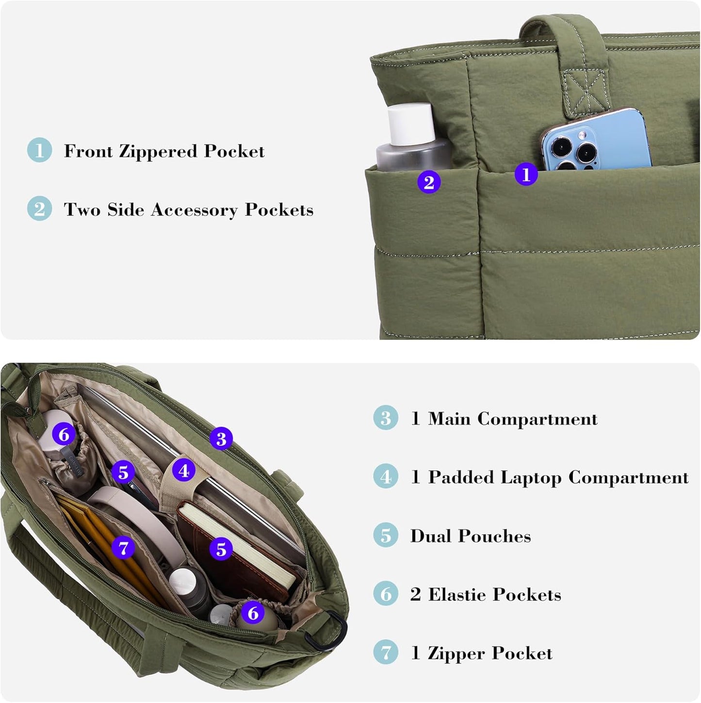 AOCINA Puffy Tote Bag for Women Quilted Work Bag Nurse Bags Women's Handbags for Travel
