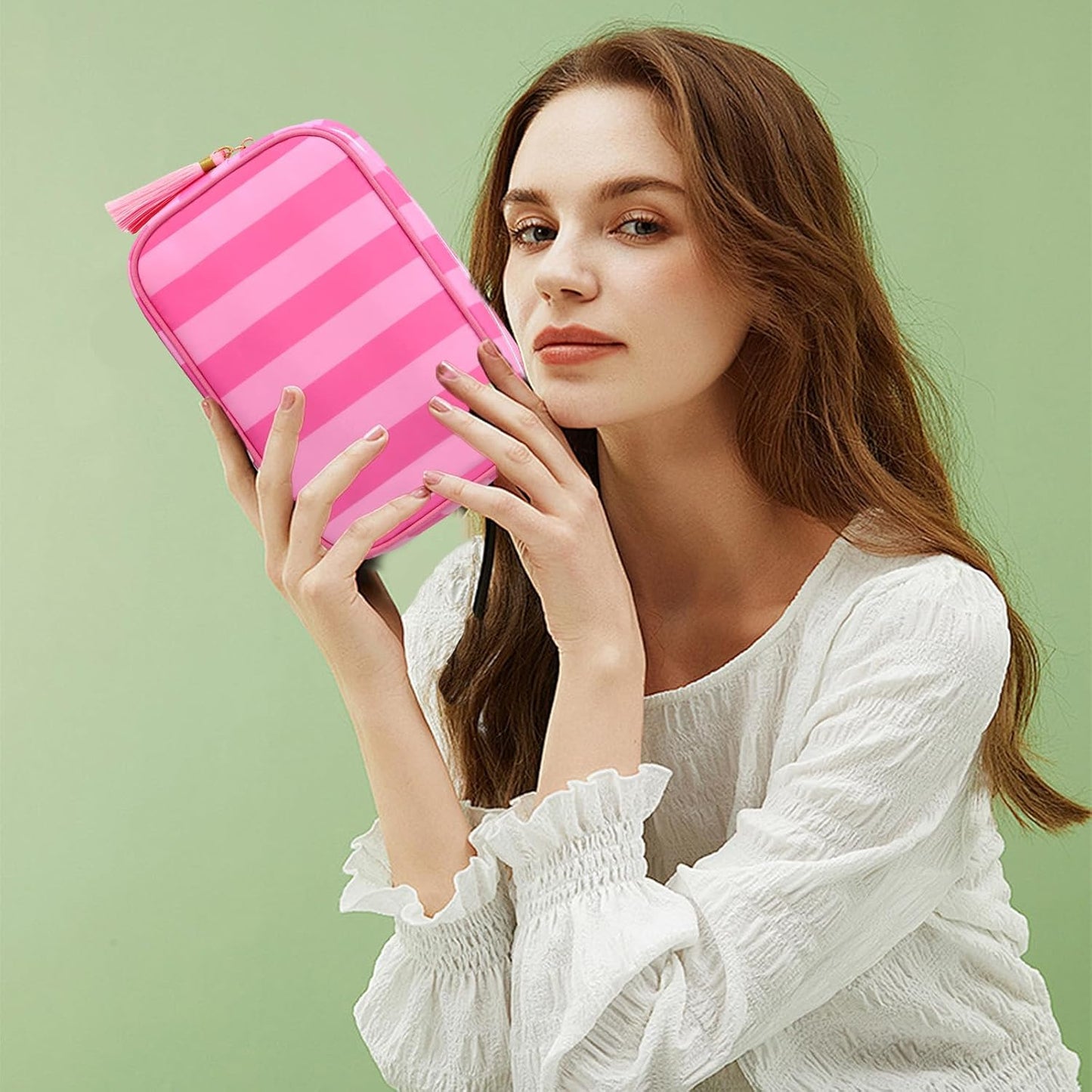 Stripe Makeup Bag Travel Cosmetic Bag Organizer Tassel Toiletry Bag Large Canvas Zipper Pouch and Accessories Storage Bag for Women