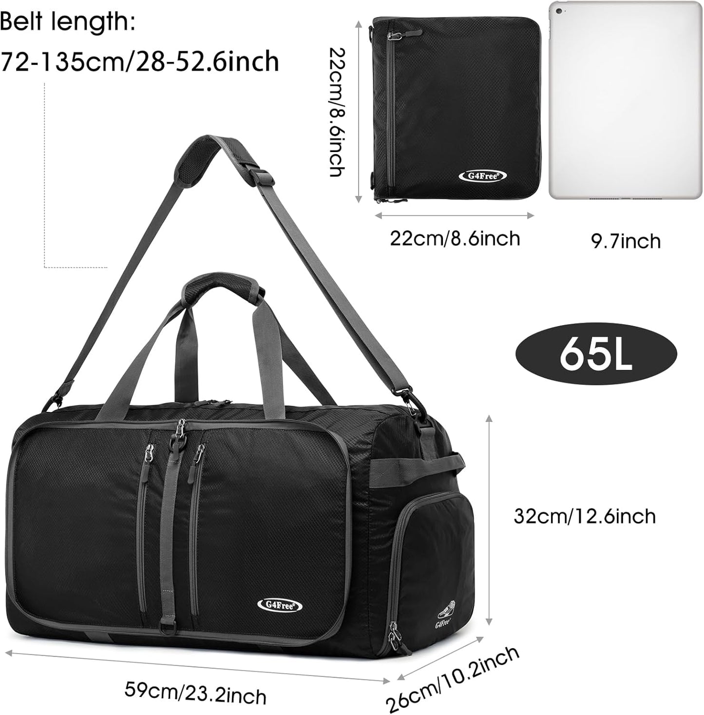G4Free 40L/65L Foldable Duffel Bag, Water-Repellent Travel Backpack, Lightweight Carry Bag for Overnight Weekender Sports Men Women