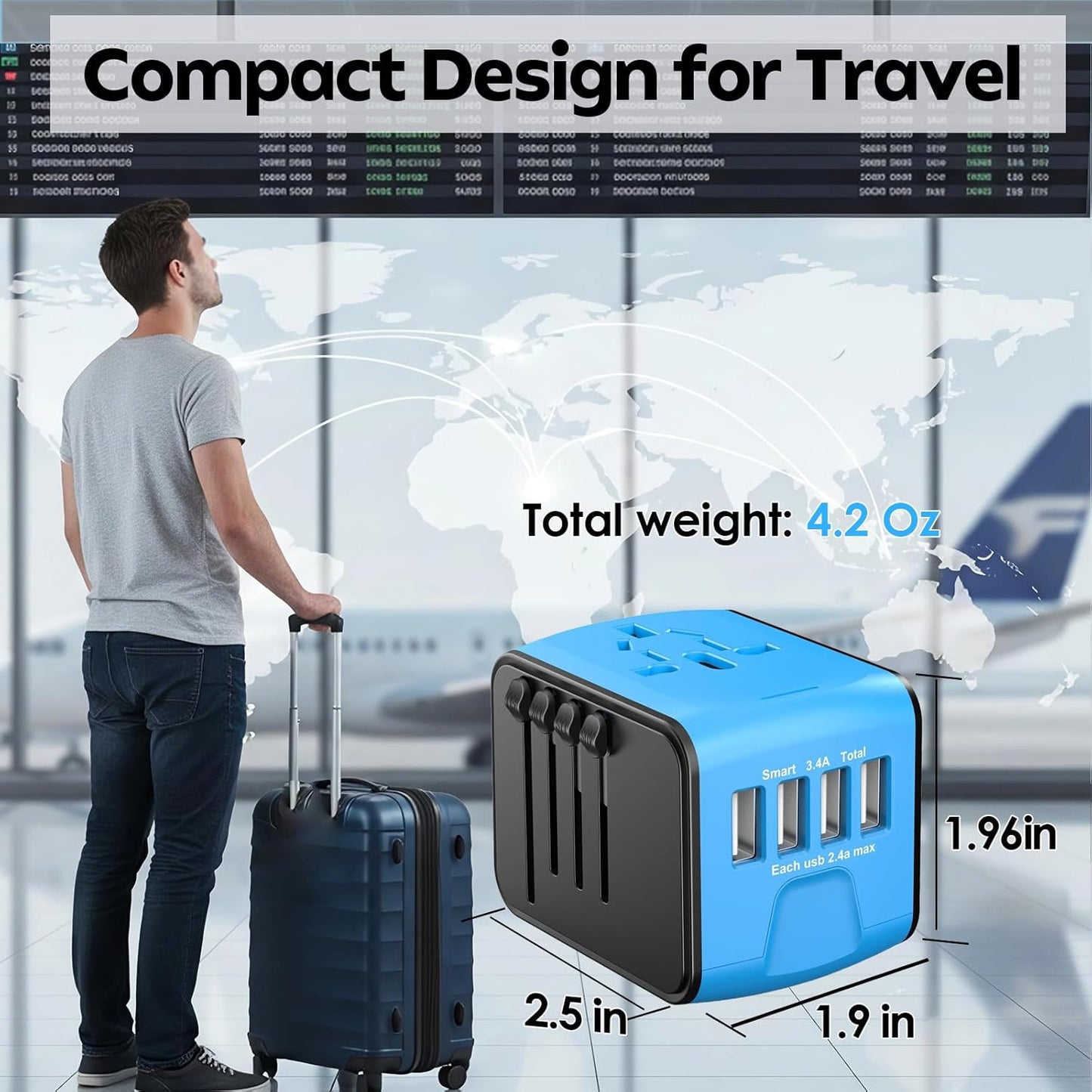 JMFONE Universal Travel Adapter, 4 USB(Type A) Ports & AC Outlet, International Power Plug Adapter All in One Perfect for European, US, EU, UK, AU 200+ Countries - Not a Voltage Converter