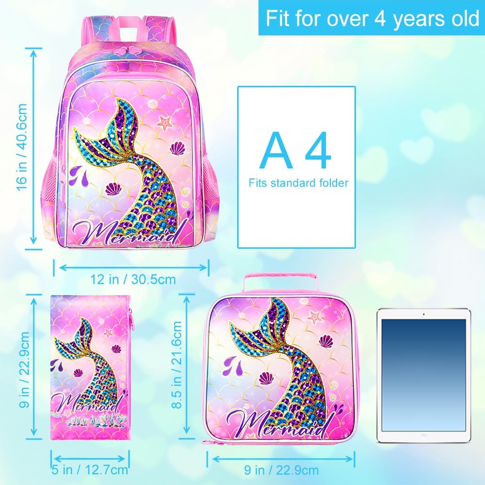 16" Mermaid Backpack for Girls, 3Pcs School Bookbag with Lunch Box, Kids Backpacks Set for Elementary Preschool Kindergarten(Pink)