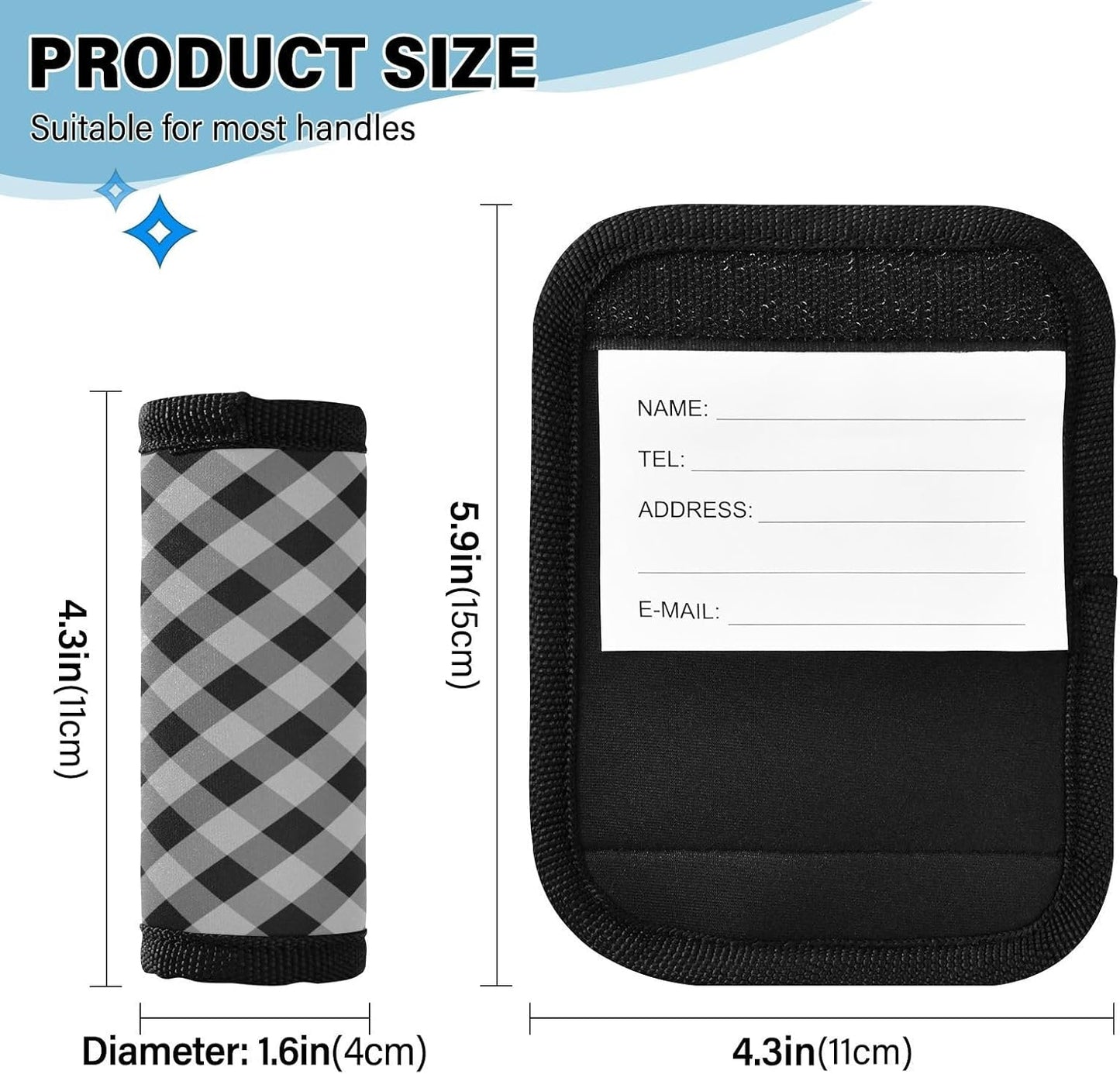 4 PC Luggage Handle Wrap Luggage Handle Covers Tags for Suitcase Bags Travel Luggage Handle Identifier Gripper Black and White Diagonal Plaid