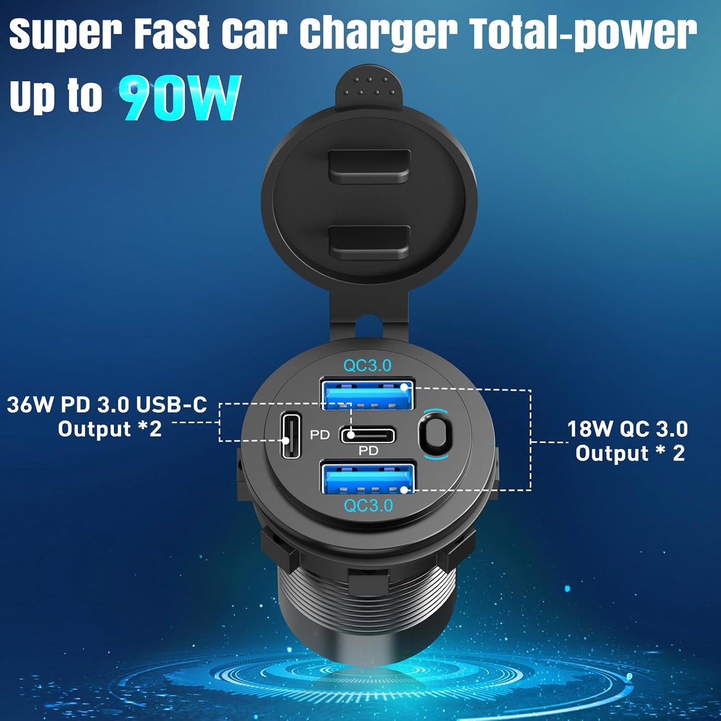 2PACK 90W Dual PD & Dual Quick Charge 3.0 Qidoe USB C 12V Outlet,4 Port with Power Switch, Car Charger Socket for RV Boat Marine Truck Motorcycle