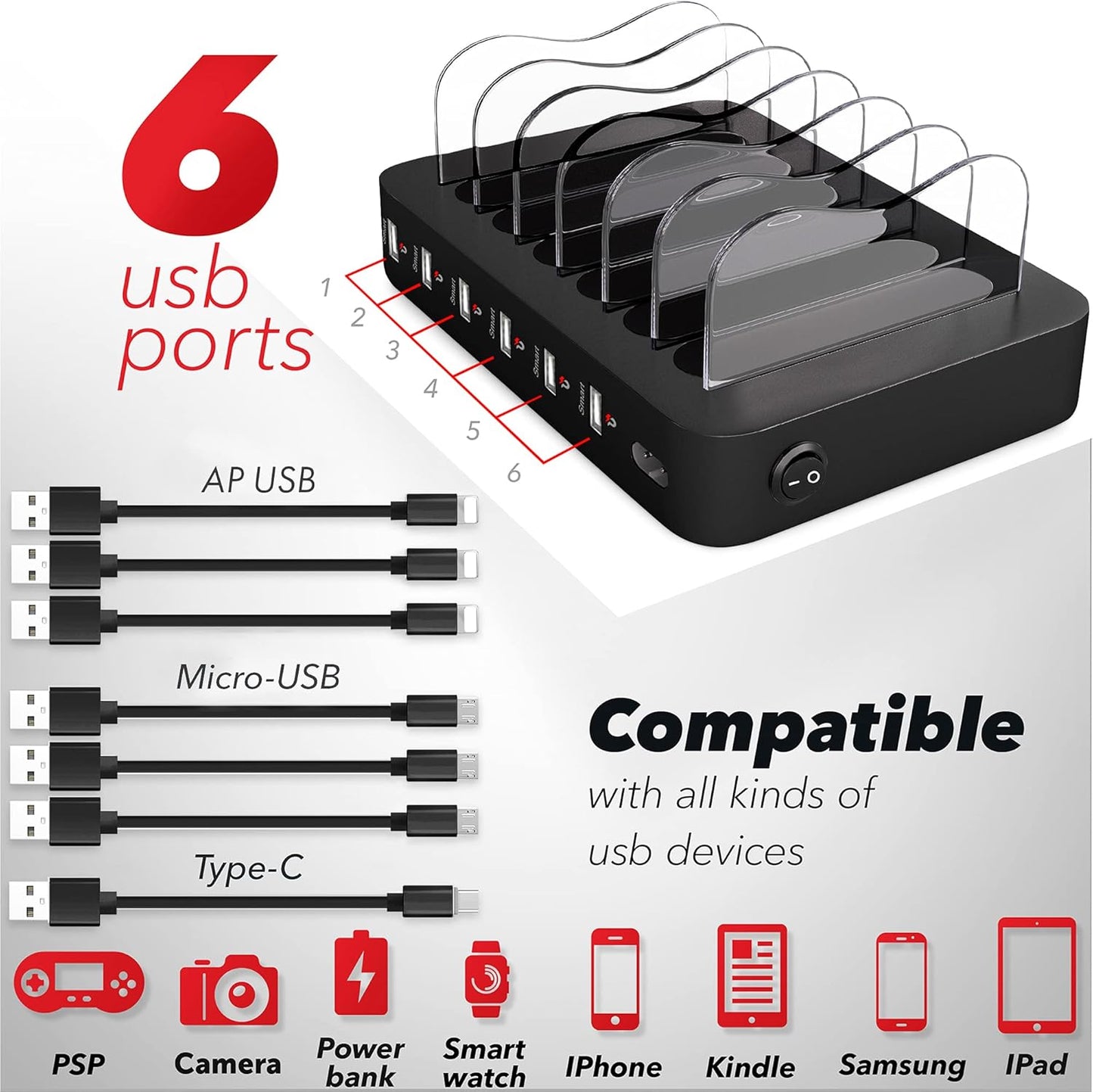 USB Charging Station 6-Ports - Fast Charging Station for Multiple Devices Apple - Multi Device Charger Dock - Compatible with Apple iPad, iPhone, Android, and Tablet