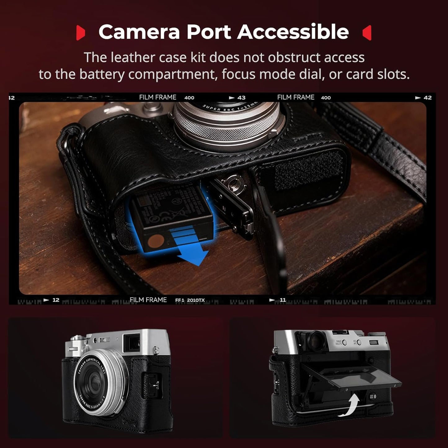 SMALLRIG Leather Case Kit for FUJIFILM X100VI, Including Leather Half Case, Flip Cover and Shoulder Strap, Genuine Leather Material, Portable and Protecting, Black-5622