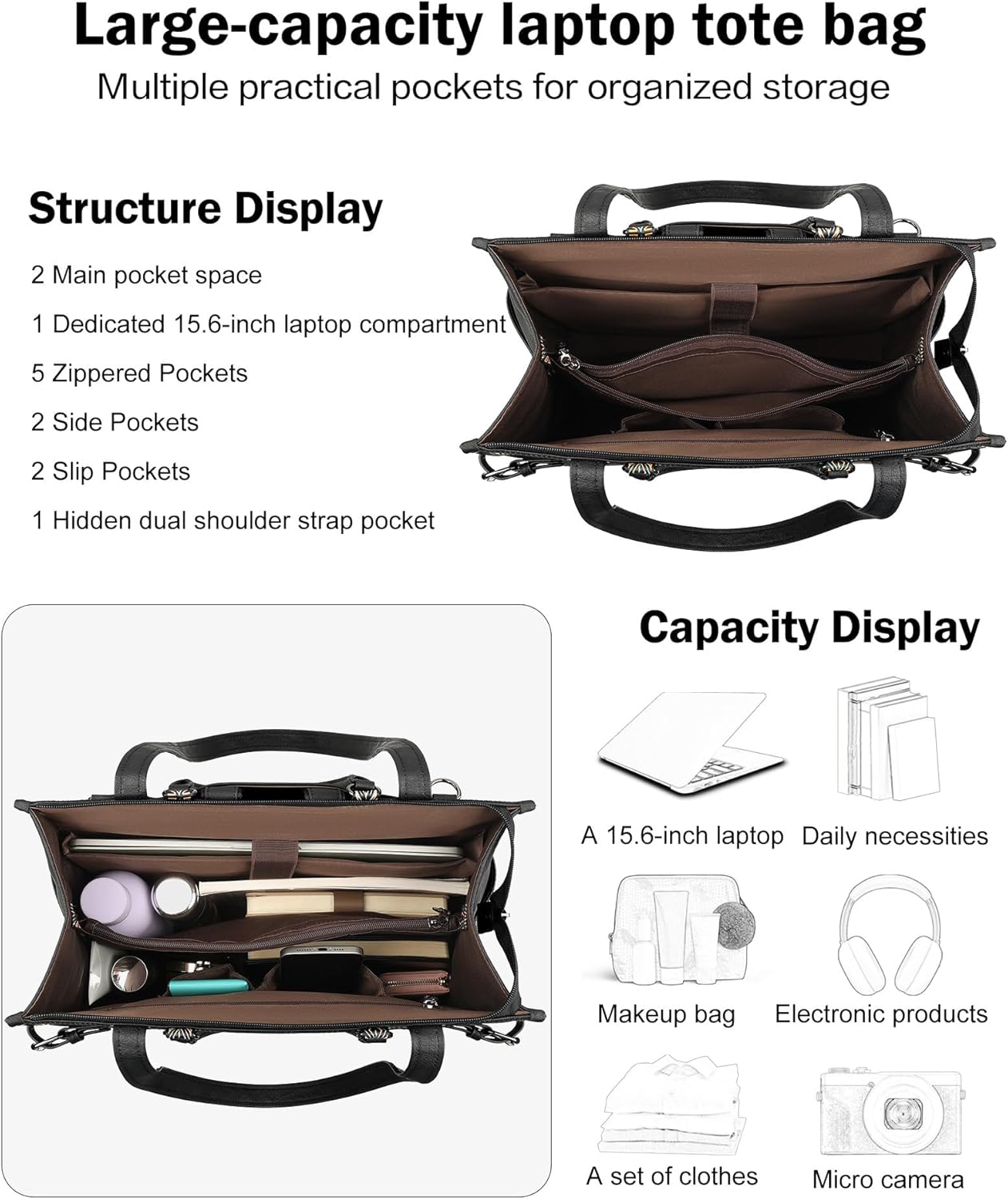 FADEON Laptop Bag for Women Designer PU Leather Large Tote Bags Backpack Purses with 15.6 Laptop Compartment Shoulder Handbag