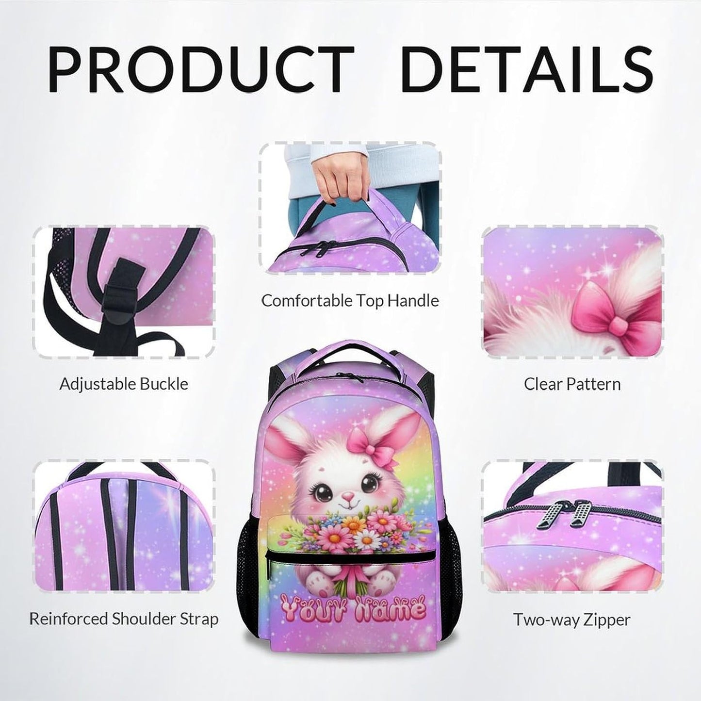 Kids Backpacks for Girls, Personalized Bunny Backpack for School, 17" Cute Rainbow Bookbag for Preschool Kindergarte Elementary, Custom Name School Bag