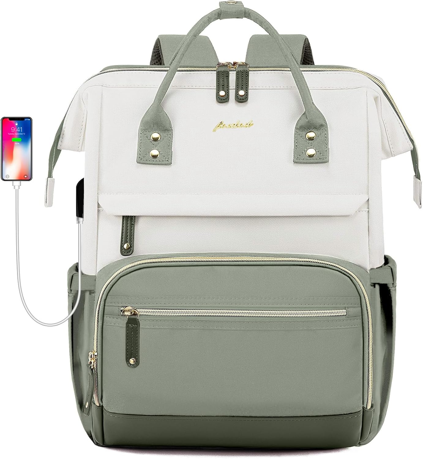 Laptop Backpack Women Work Bag: 15.6 inch Work Bookbag with USB Charging Port Large Travel Backpack Purse for College Nurse Casual Daypack for Teacher Professional Computer Backpack Beige Light Green