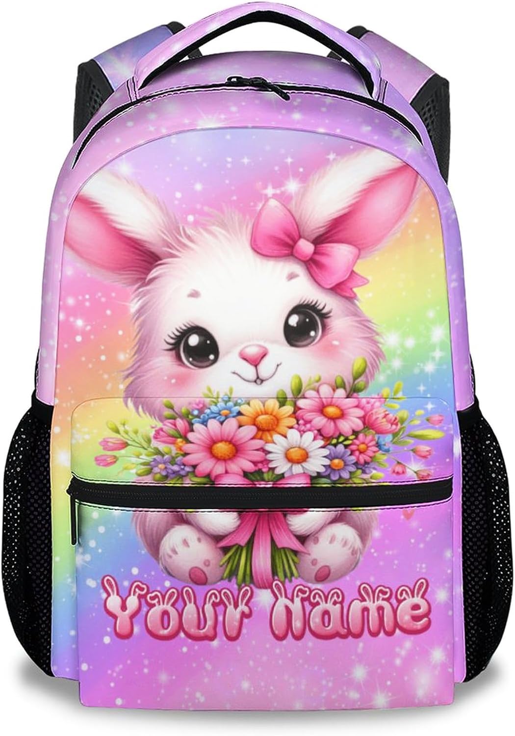 Kids Backpacks for Girls, Personalized Bunny Backpack for School, 17" Cute Rainbow Bookbag for Preschool Kindergarte Elementary, Custom Name School Bag