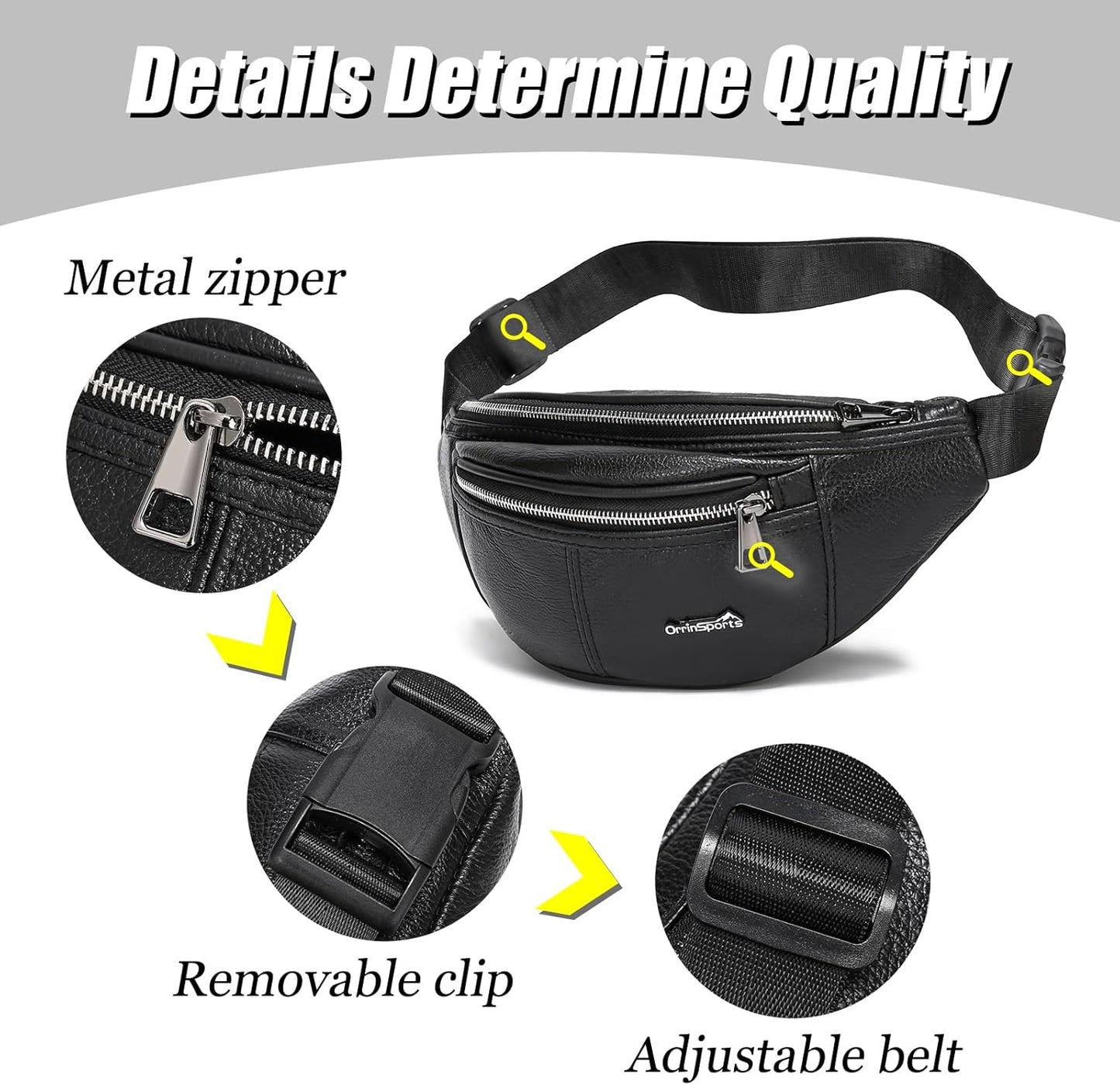 Black Fanny Pack for Men Genuine Leather Waist Bag Multiple Pockets Metal Zippers Belt Bag for Travel Hiking Cycling Fishing