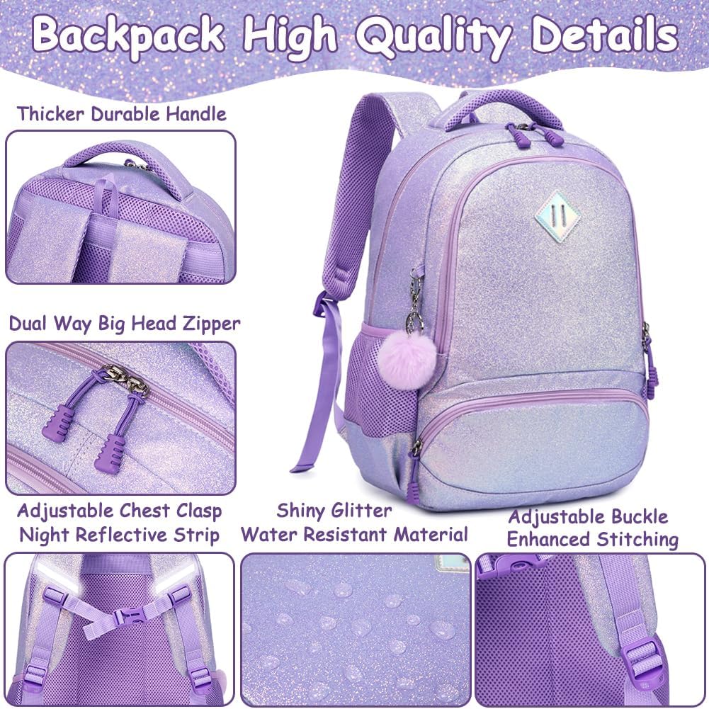 School Backpack for Girls Shiny Glitter Sparkly Bookbag for Kids Elementary Middle School Bags for Girl Blingbling Purple