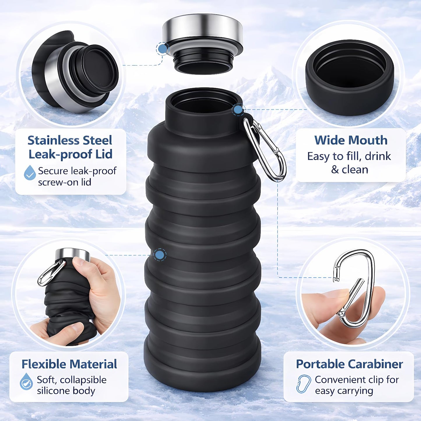 Collapsible Water Bottles,16oz Capacity Portable Reusable Silicone Water Bottle,Leak-proof,with