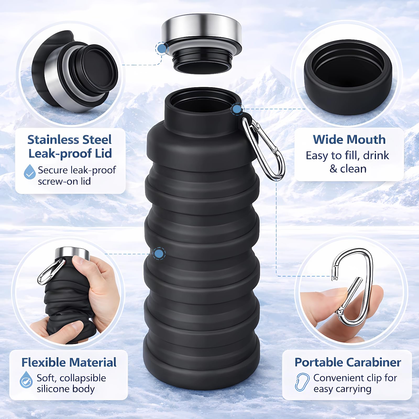 Collapsible Water Bottles,16oz Capacity Portable Reusable Silicone Water Bottle,Leak-proof,with