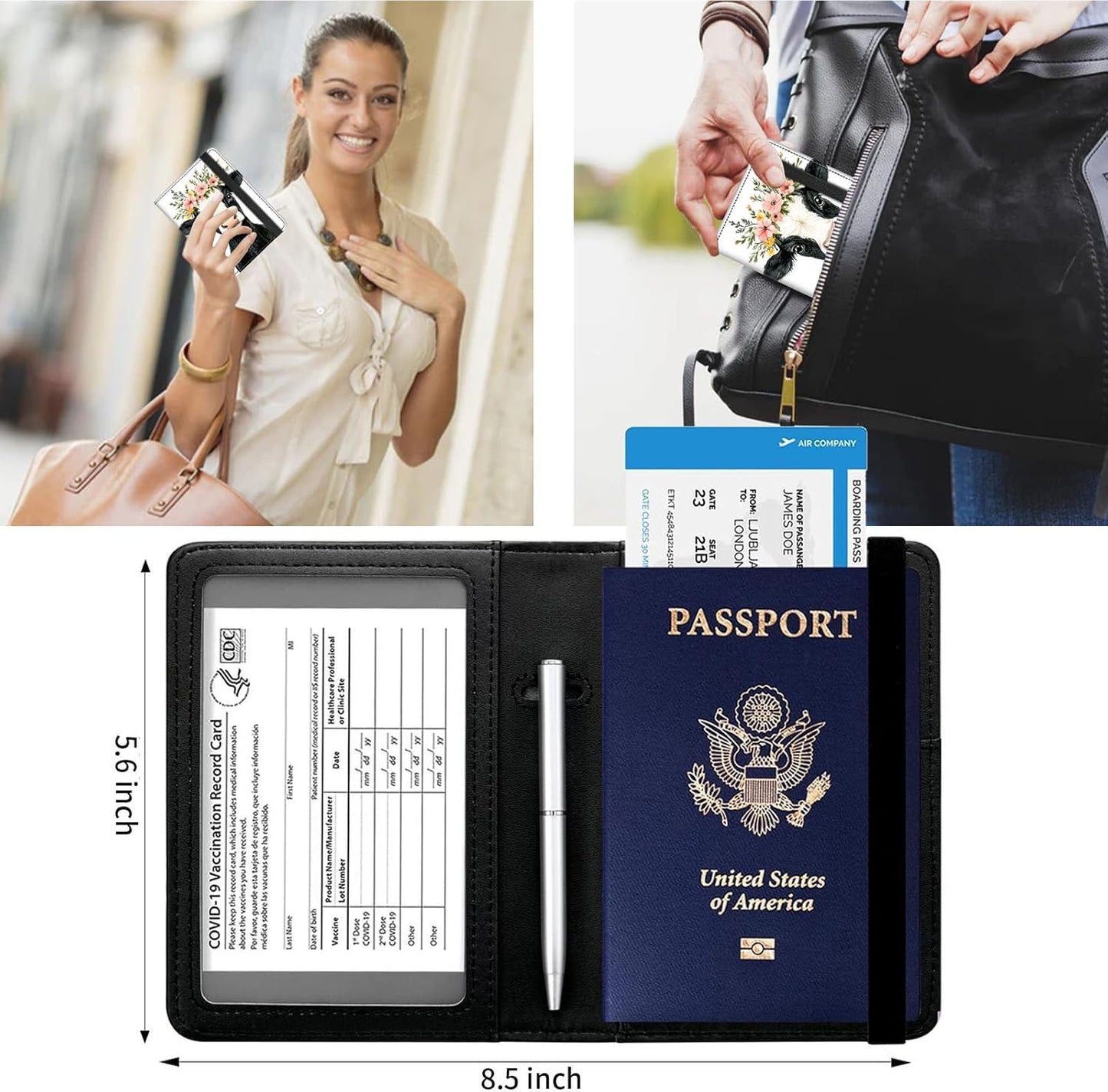 Passport and Vaccine Card Holder Cover Combo,Travel Passport Holder Wallet with RFID Blocking, Leather Vaccine Card Slot Passport Cover Case for Women & Men,Cute Baby Cow and Flowers