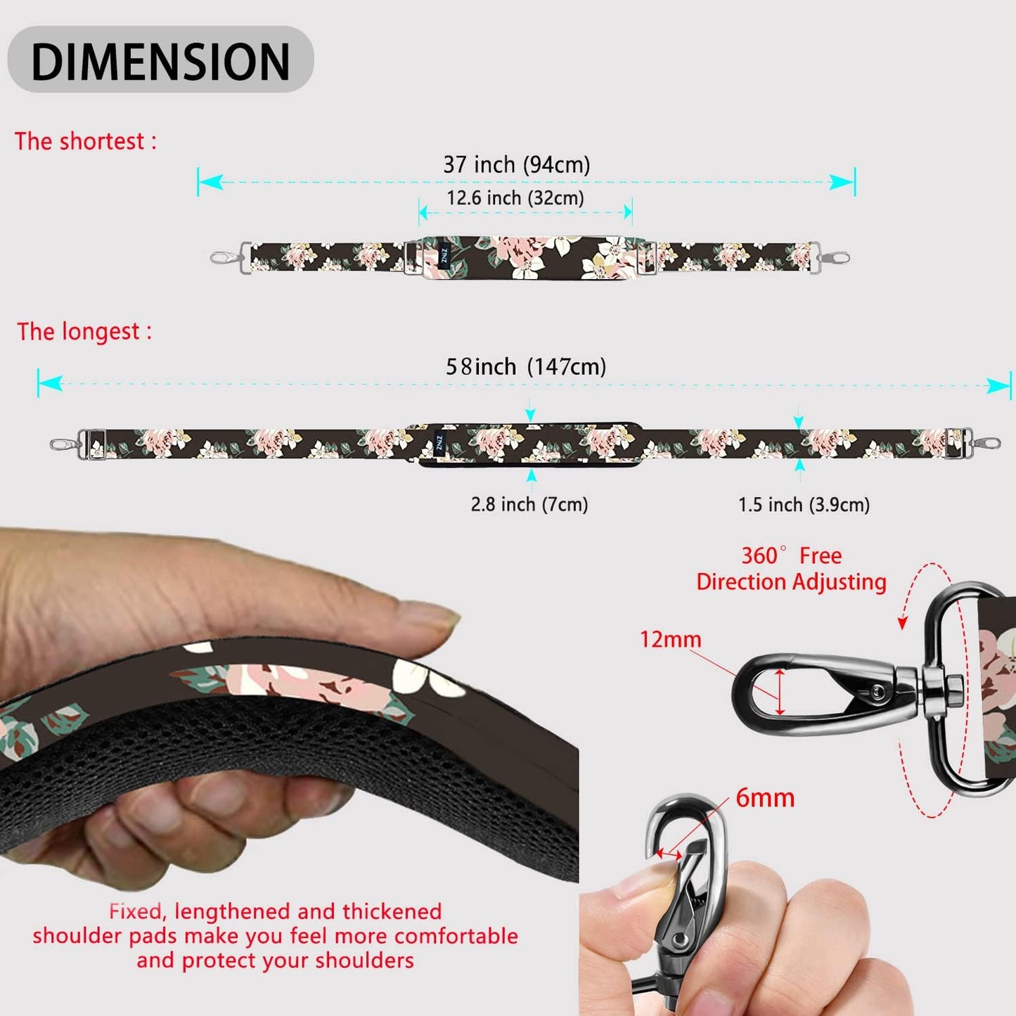 ZINZ Shoulder Strap 58" Ultra-Thick Fixed Padded and Adjustable Buckles Crossbody Strap for Briefcase Laptop Bag Luggage