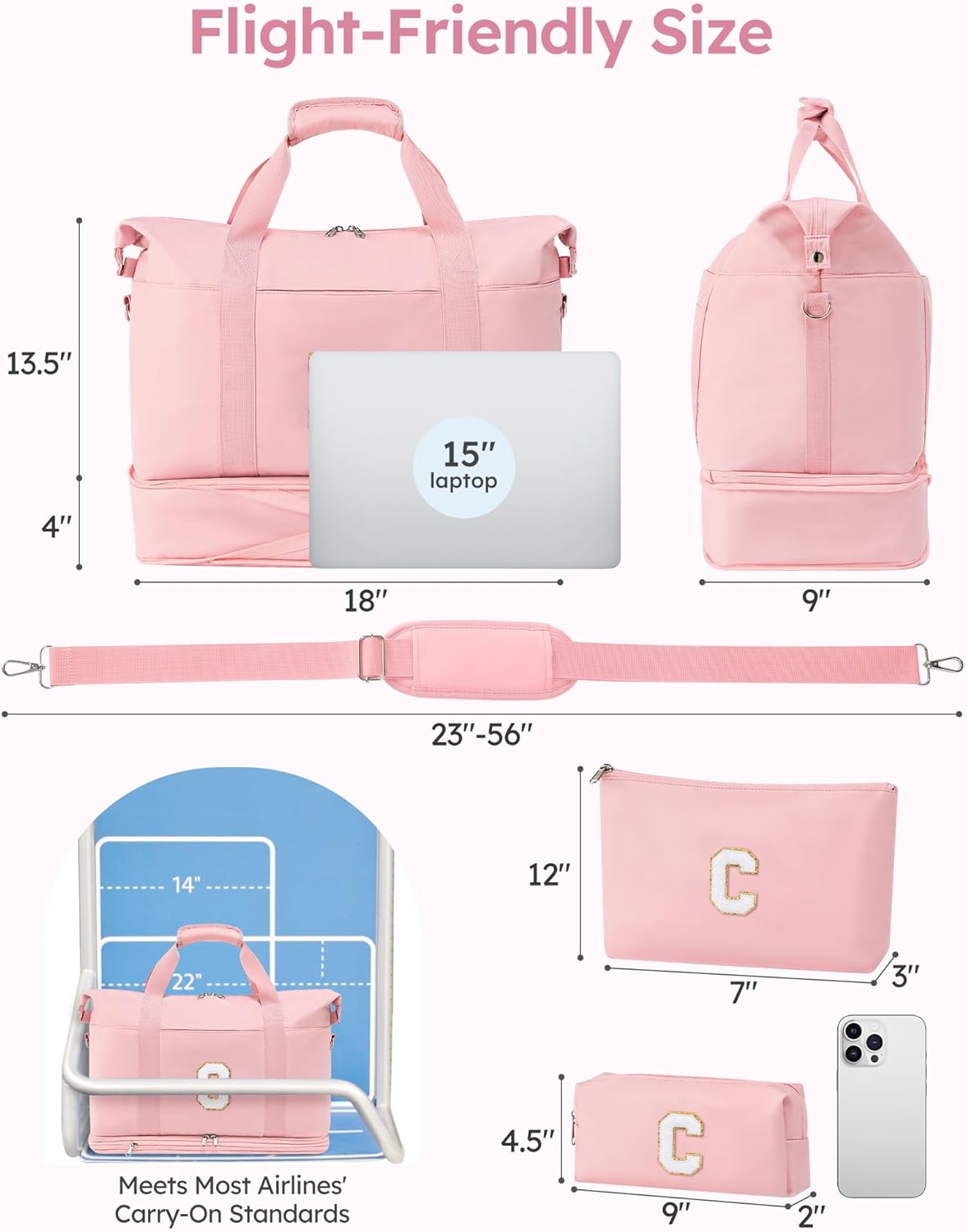 Personalized Initial Travel Duffle Bag for Women, Dance Bags with Foldable Shoe Compartment, Carry-On Weekender Duffel, Gifts for Teenage Girls, Water Resistant, Pink Letter C