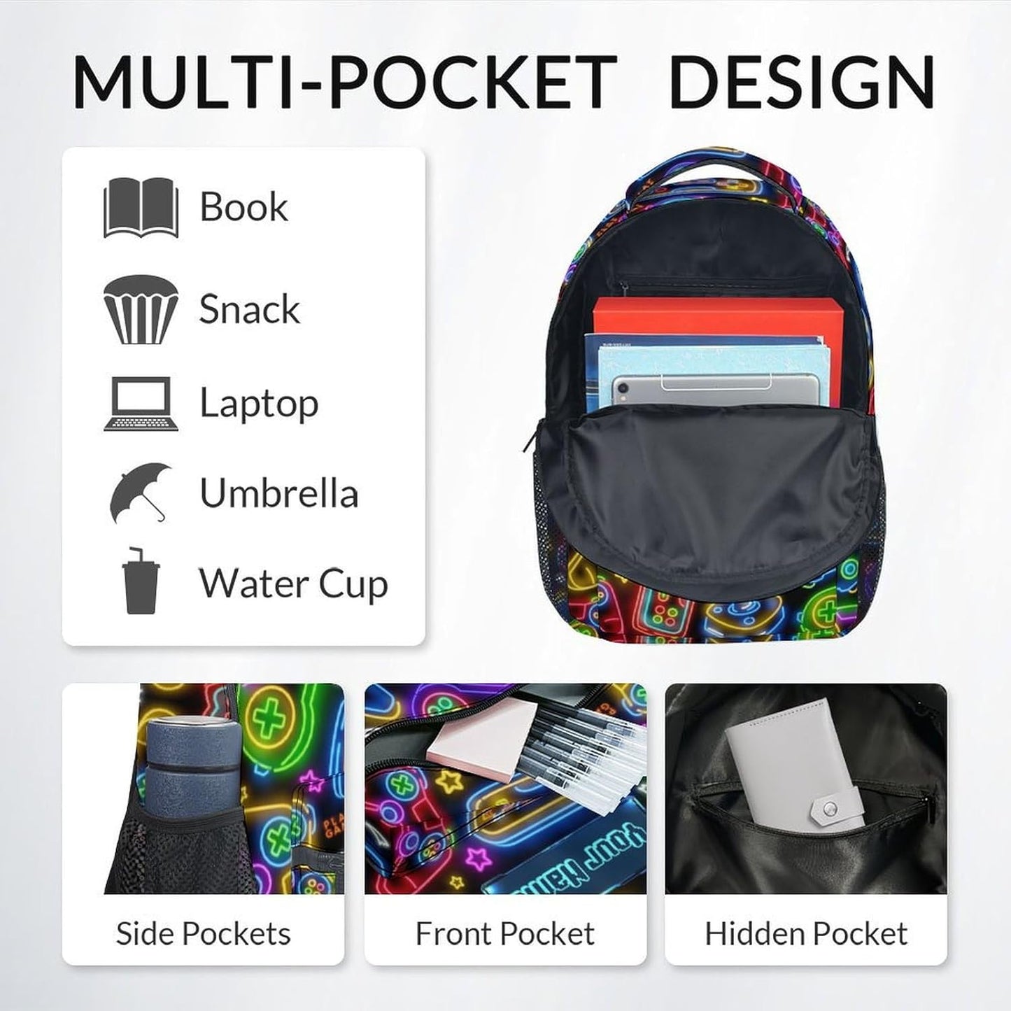 Custom Backpack - Cool Gamer Travel Backpack for Kids - 17 Inch Bookbag for Elementary Primary School - Back to School Supplies