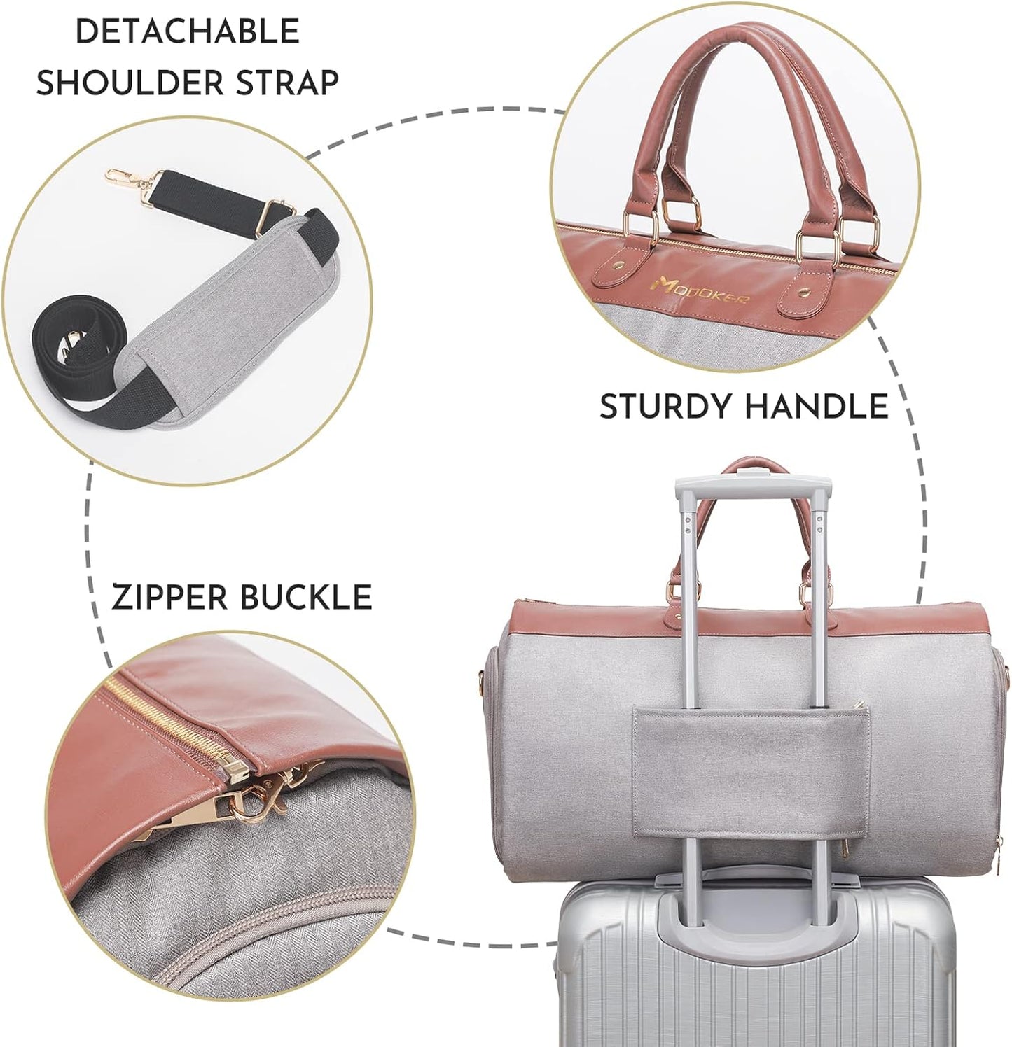 Modoker Women's 2-in-1 Convertible Garment Bag & Duffel, 45L Carry On Luggage, Anti-Wrinkle Hanging Suit Bag, Grey, 22.8x11x11.8 inch