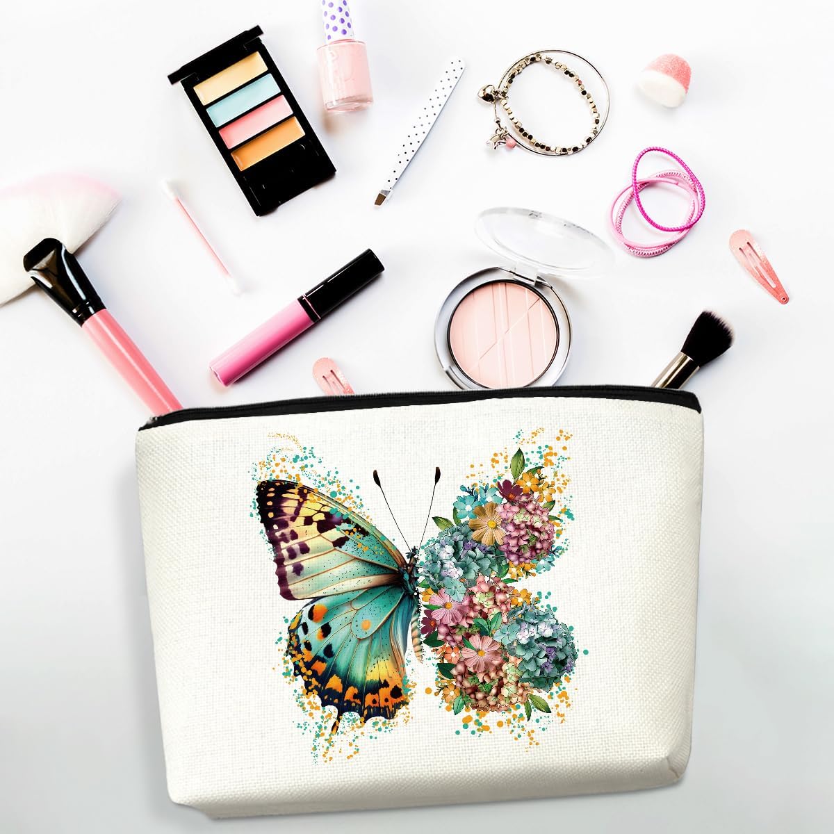 2pcs Aesthetic Butterfly Floral Makeup Bag Flowers Butterfly Gifts Cosmetic Bags for Women Girls, Aesthetic Zipper Pouch Travel Toiletry Bag Friend Gifts for Sisters Bestie
