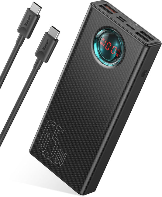Baseus 30000mAh 65W Portable Charger, Laptop Power Bank with Digital Display, 7-Ports for MacBook Pro/Air, iPhone 16/15/14, iPad, Samsung Galaxy, Steam Deck, ASUS ROG Ally - PD3.0/QC4.0 (Black)