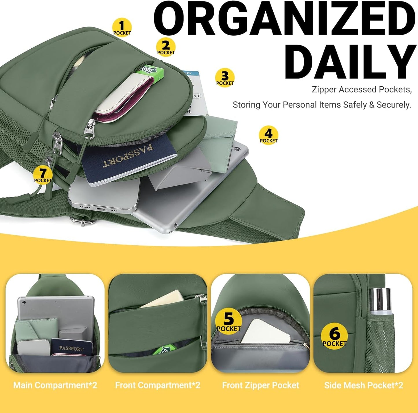 Crossbody Bags for Women, Sling Bag for Men, Small Hiking Backpack Anti Theft Lightweight for Outdoors Travel （L, Sage Green）