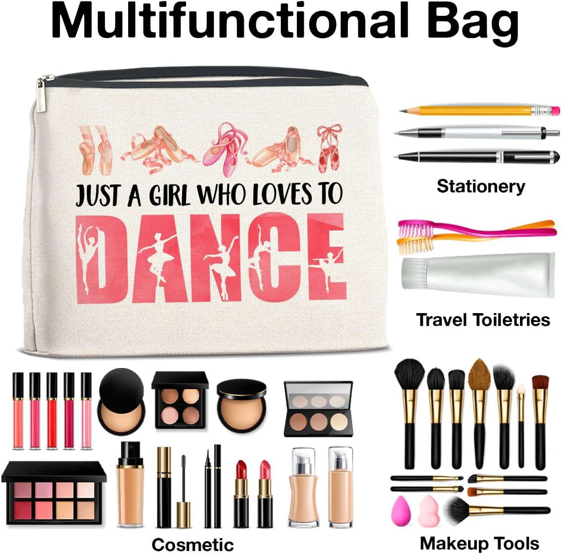 Dance Gifts Makeup Bag for Girls & Women Students & Dancers - Cosmetic Bag with Zipper for Dance Competition