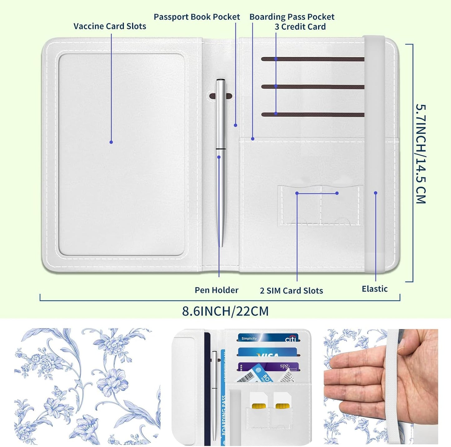 Passport Holder for Travel Essentials, Leather RFID Blocking Passport Wallet Cover Case, Cute Passport Book Holders for Women and Men Blue White Flowers